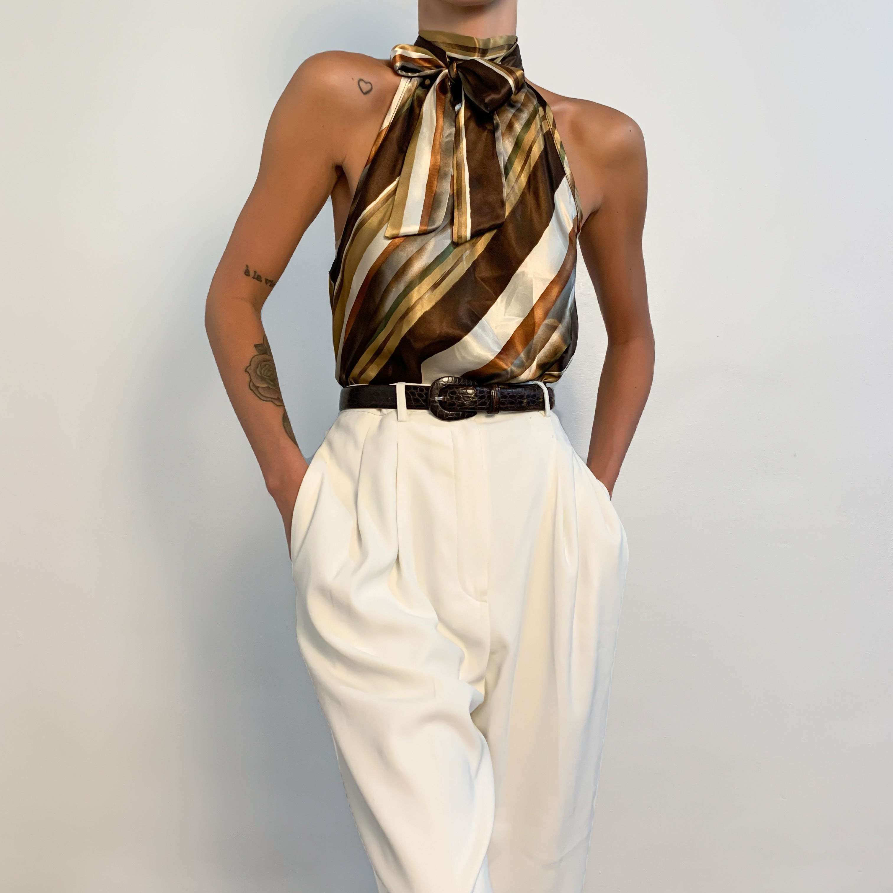 Brown Diagonal Striped High Neck Satin Halter S-M