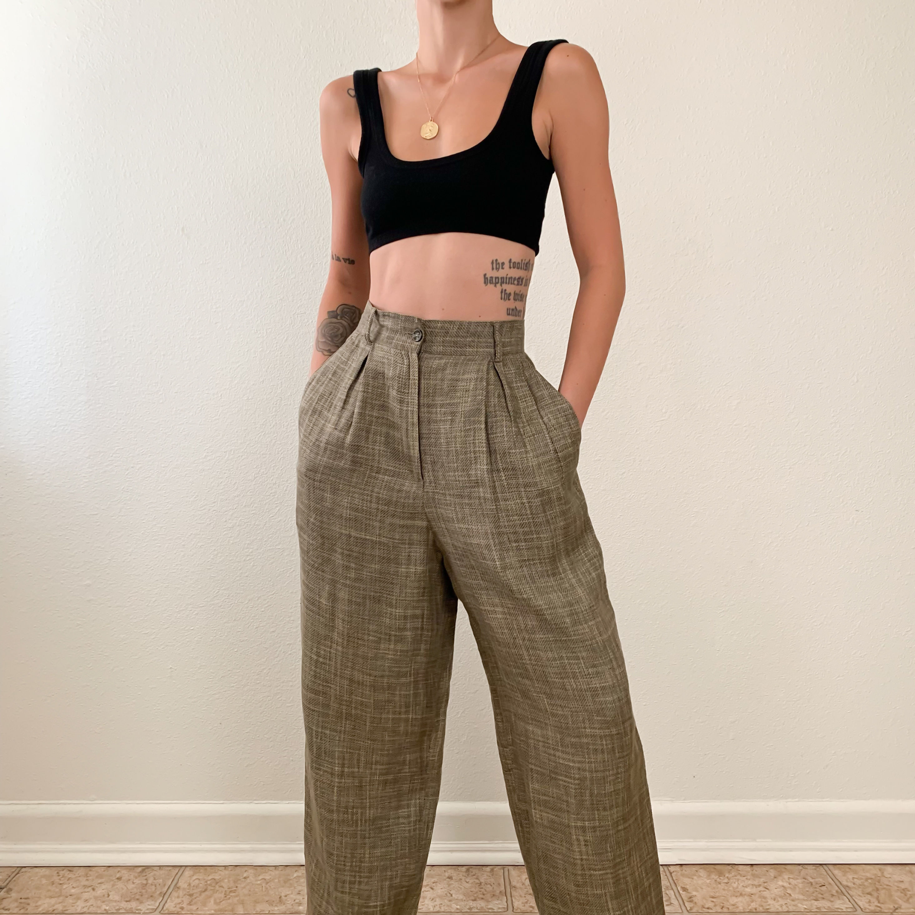 Ecru Linen Pleated Trousers 26"-27"