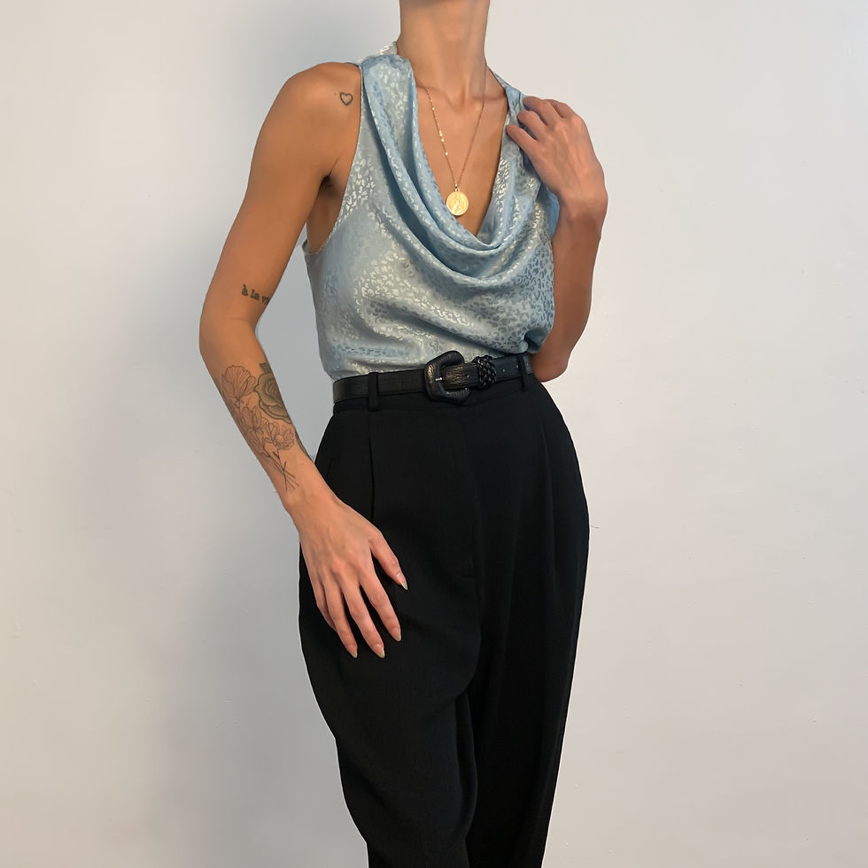 Baby Blue Satin Jacquard Cowl Neck Tank XS-S