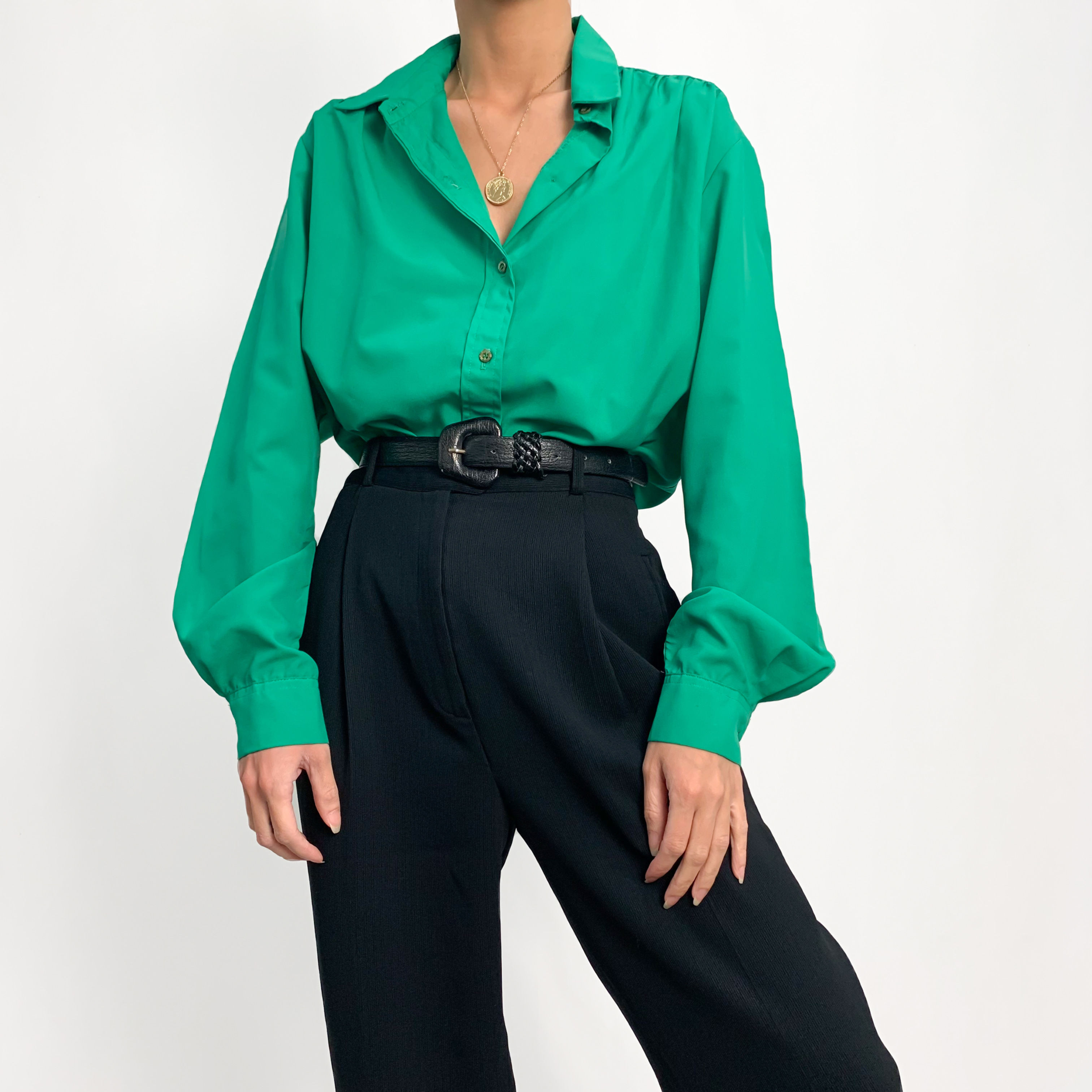 Kelly Green Button Up Blouse M-L