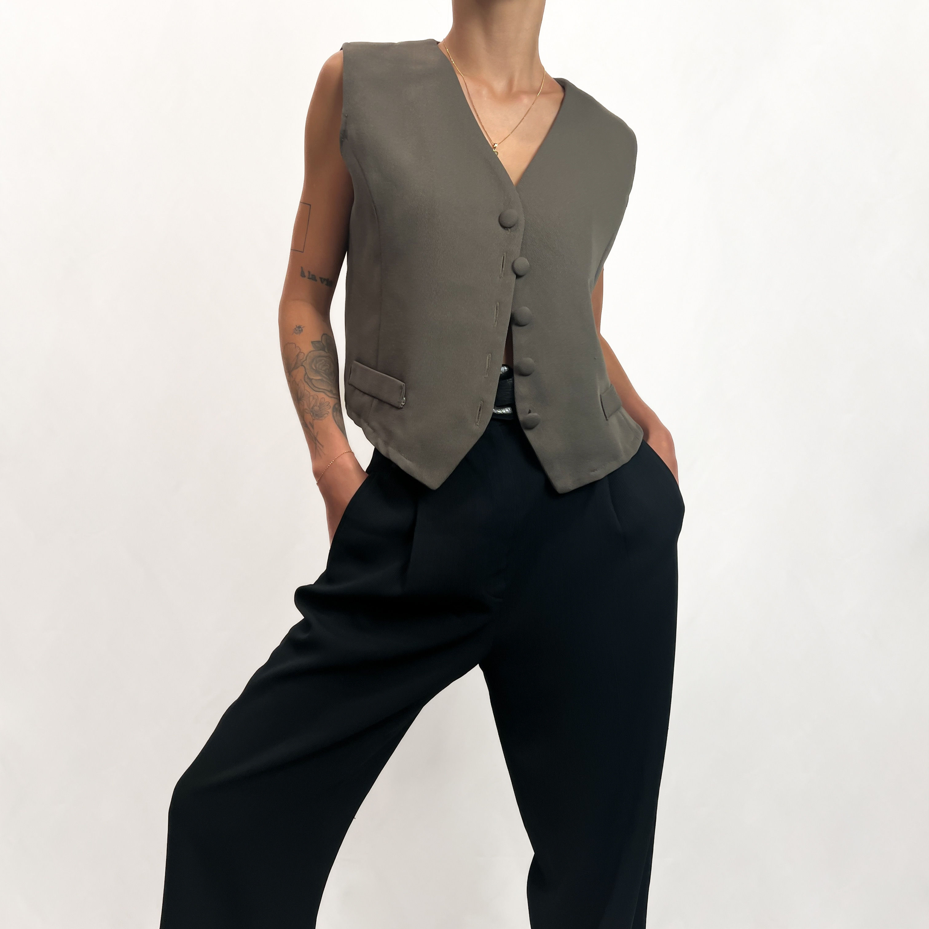 Cropped Twill Button Front Vest S-M
