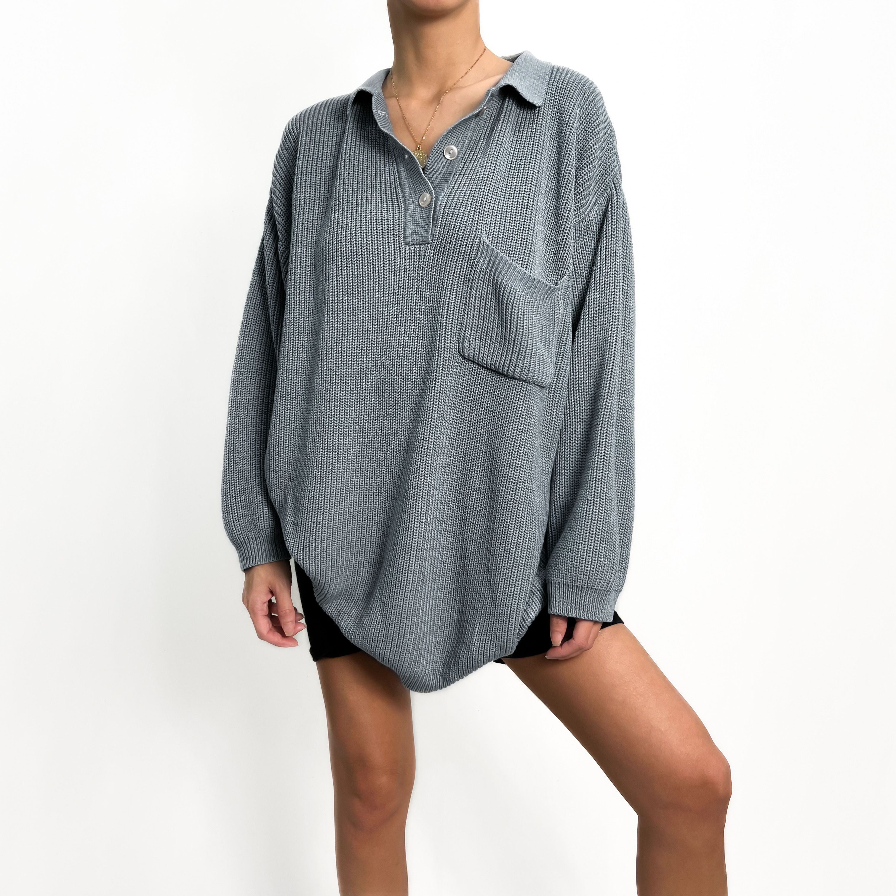 Steel Blue Knit Henley Sweater S-XL