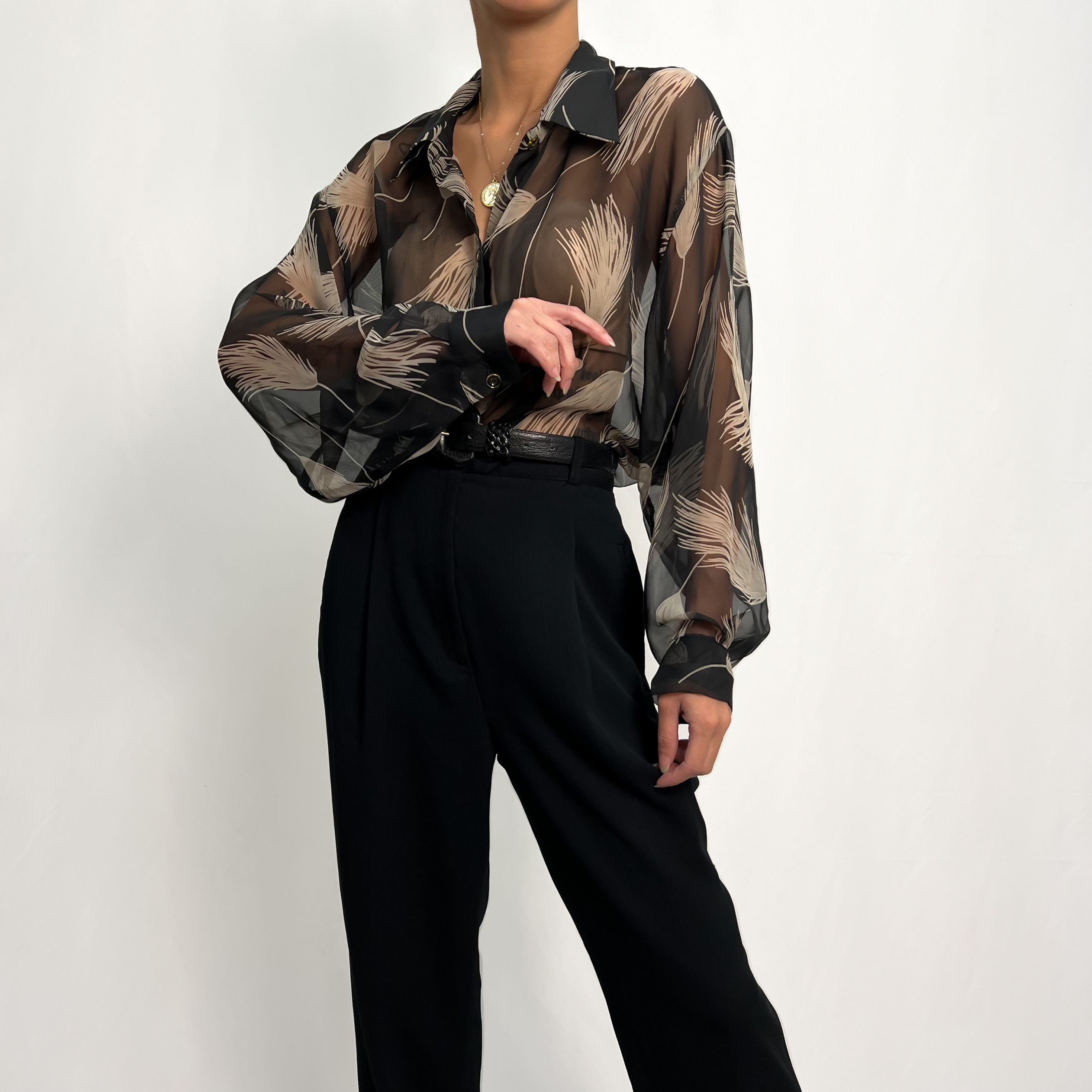 Onyx Sheer Feather Print Blouse S-XL