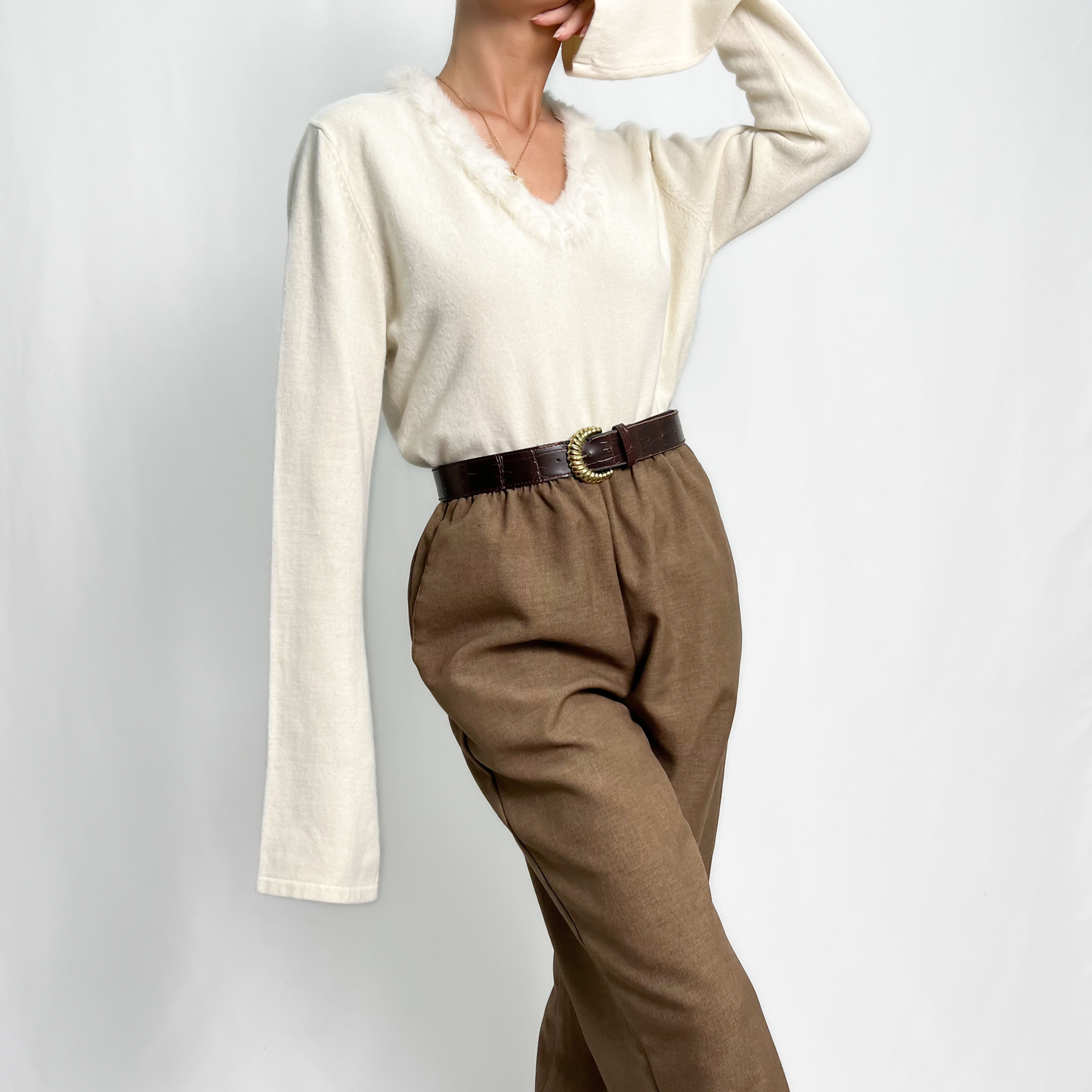 Ivory Boa Trimmed Bell Sleeve Top S-M