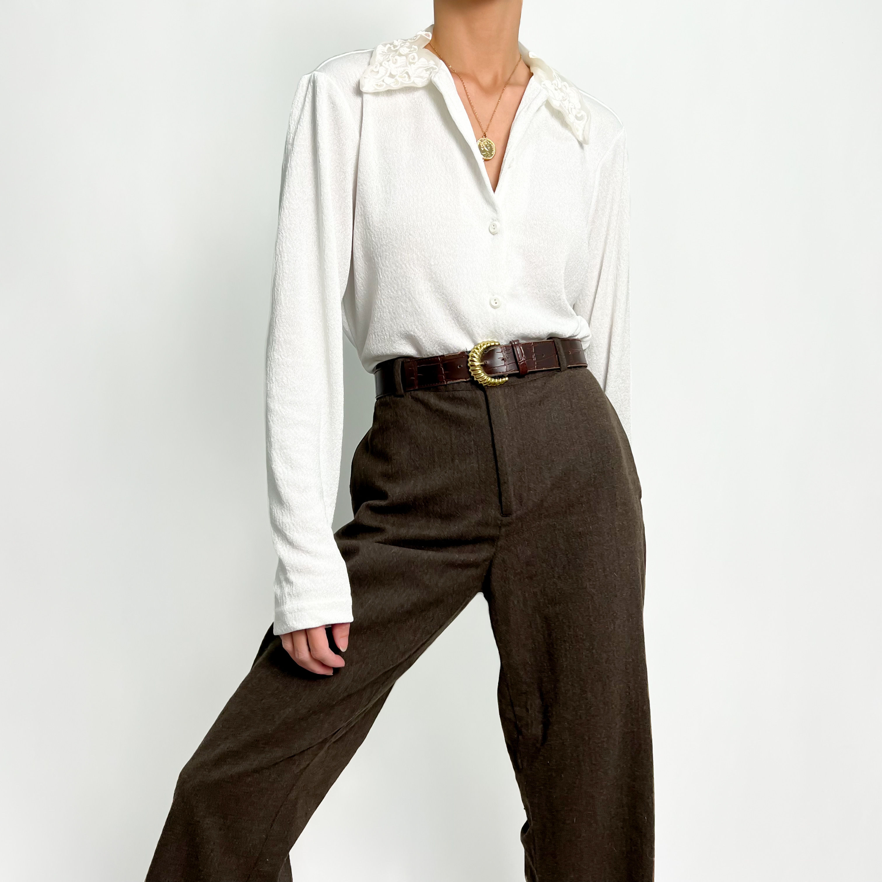 Ivory Baroque Collared Button Up Blouse XS-M