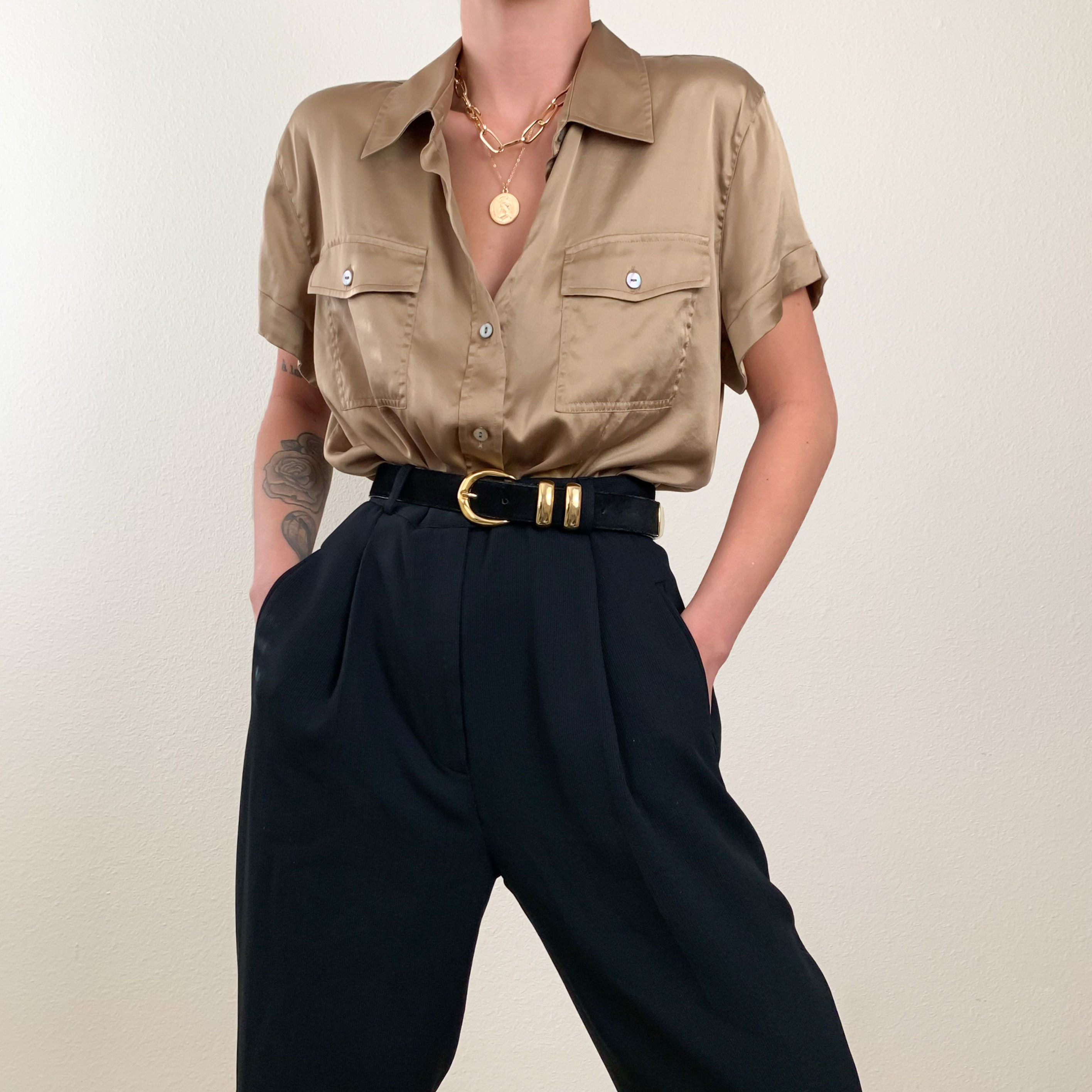 Bronze Silk Button Up Blouse