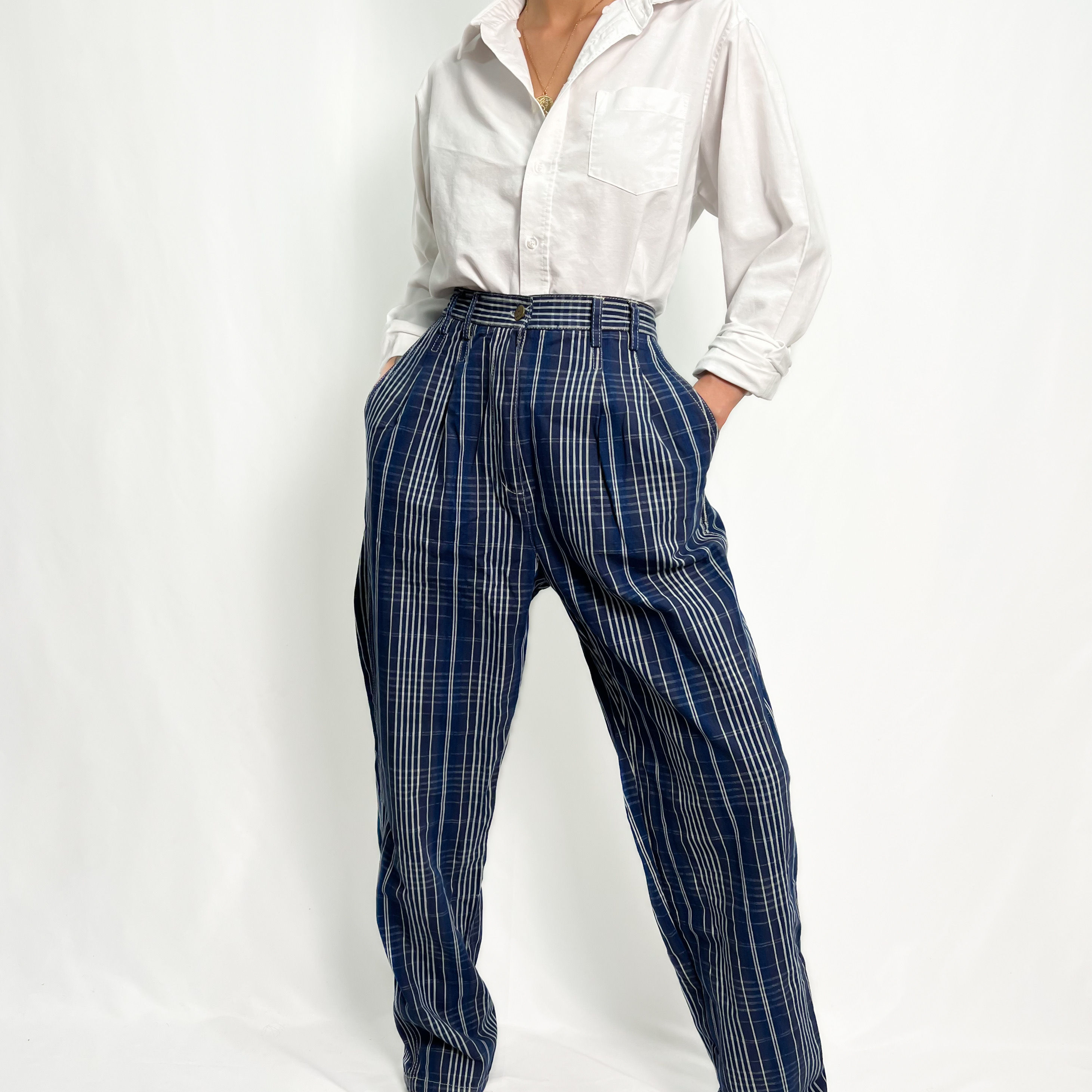 Deep Blue Plaid Pleated Trousers 28"-30" x 29"