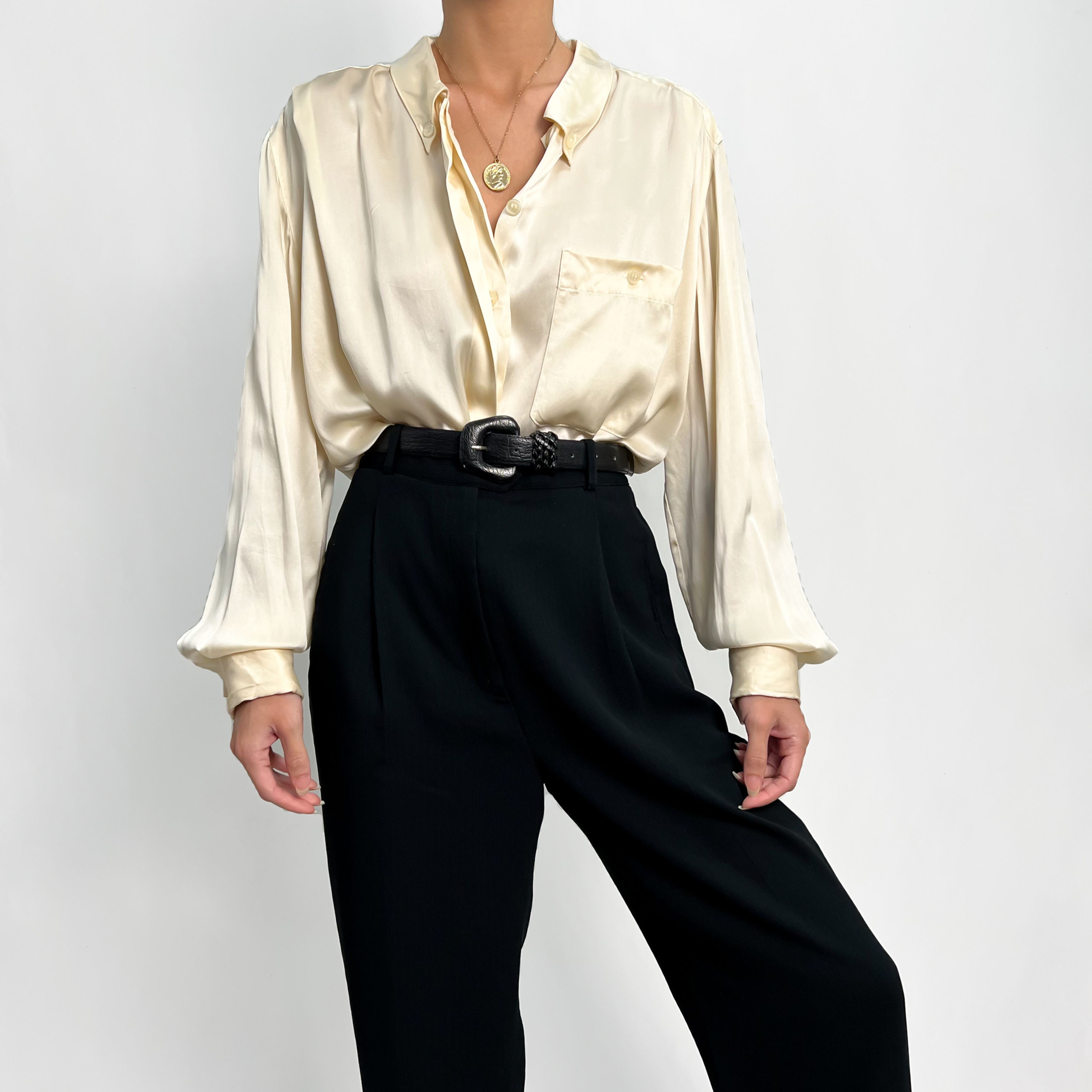 Cream Silk Button Up Blouse S-L