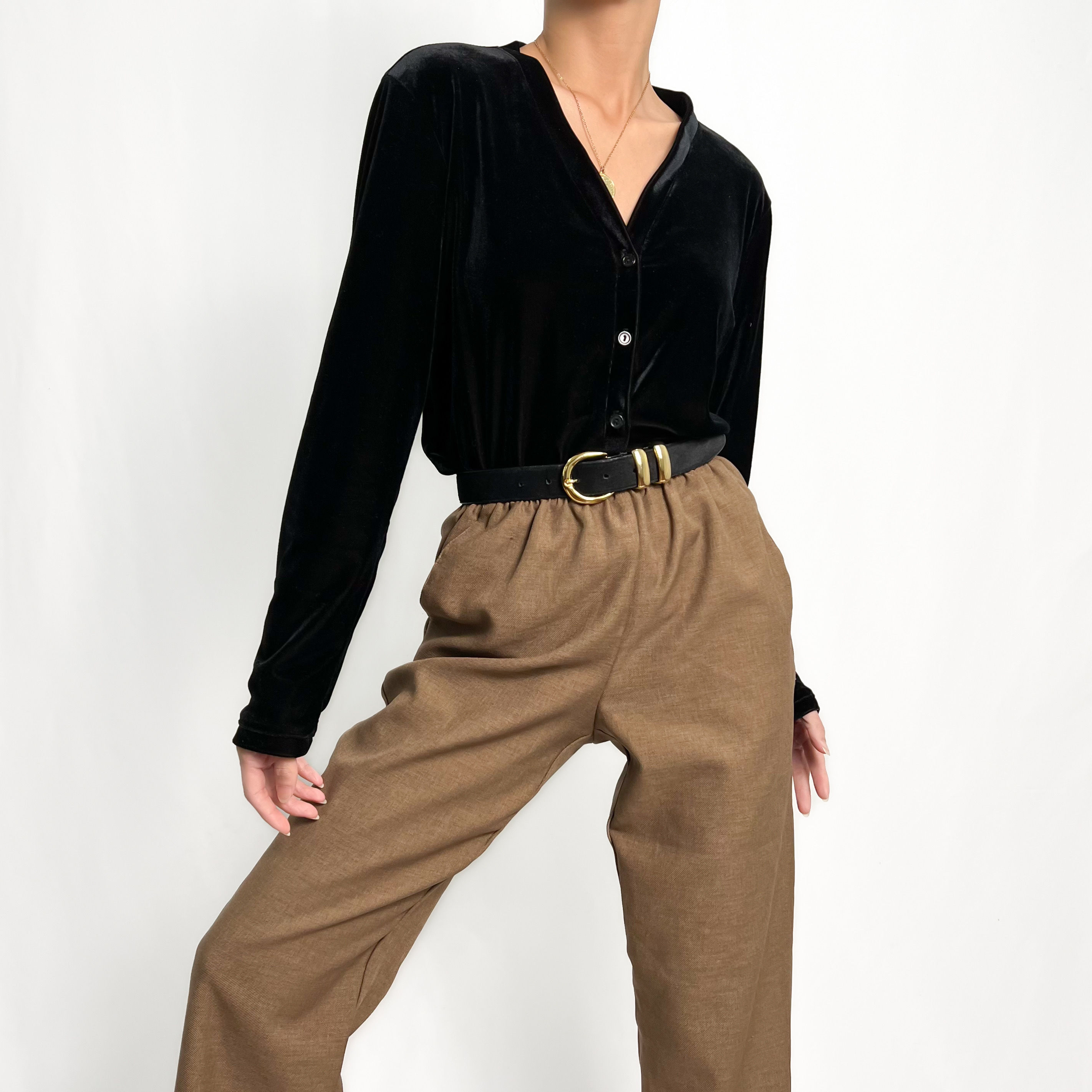 Onyx Velour V-Neck Button Up Top S-M