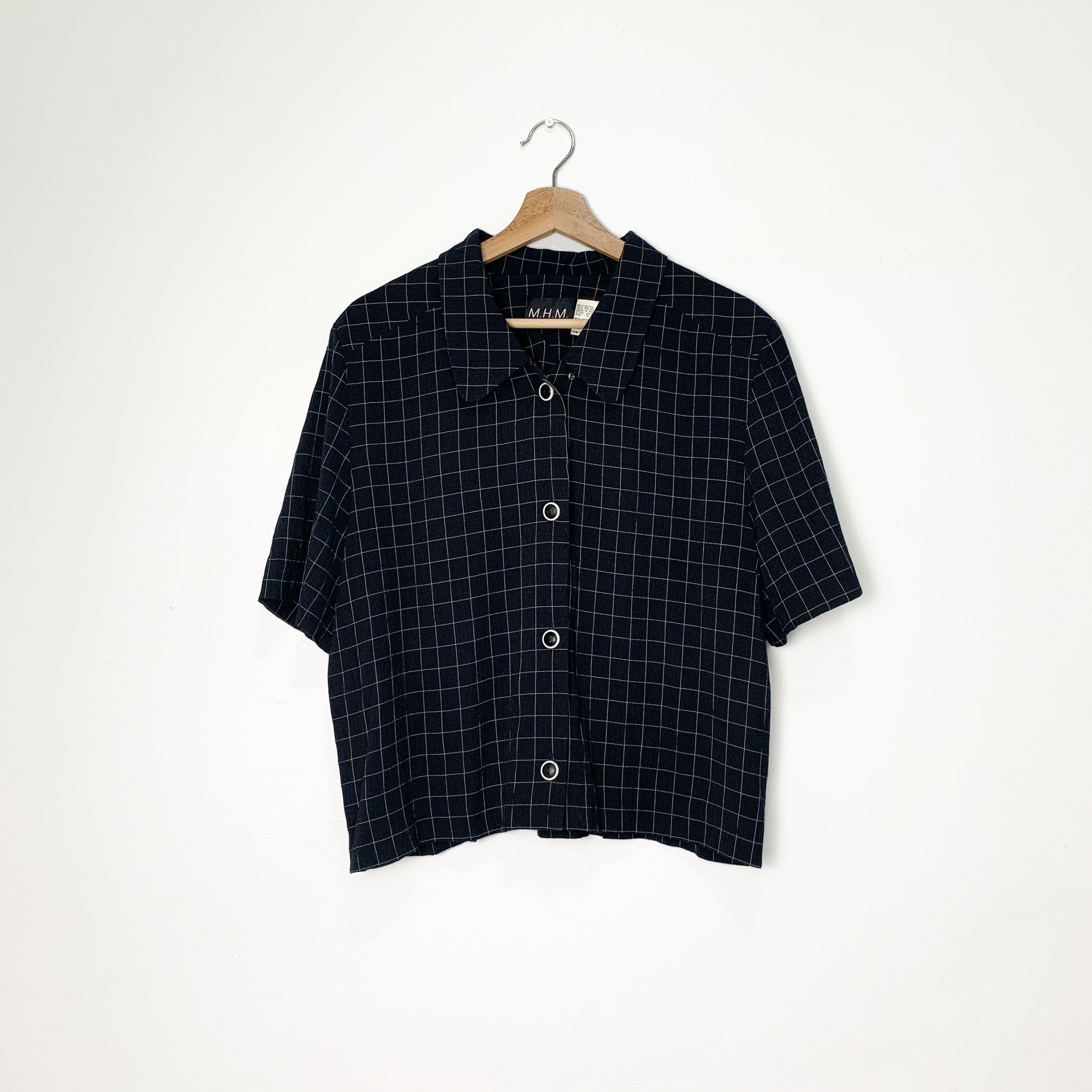 Onyx Grid Boxy Short Sleeved Button Up Blouse S-L