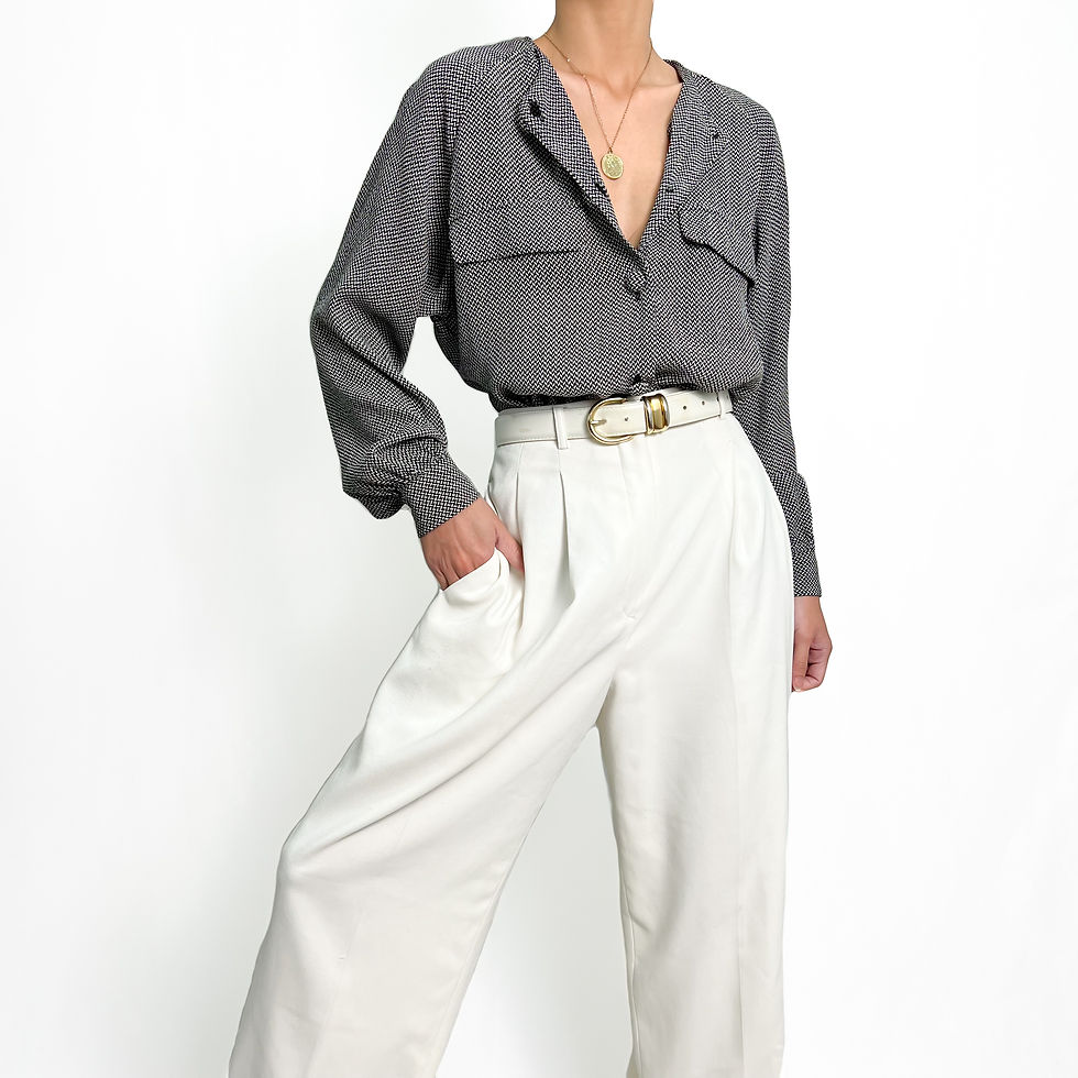 B&W Herringbone Button Up Blouse S-M