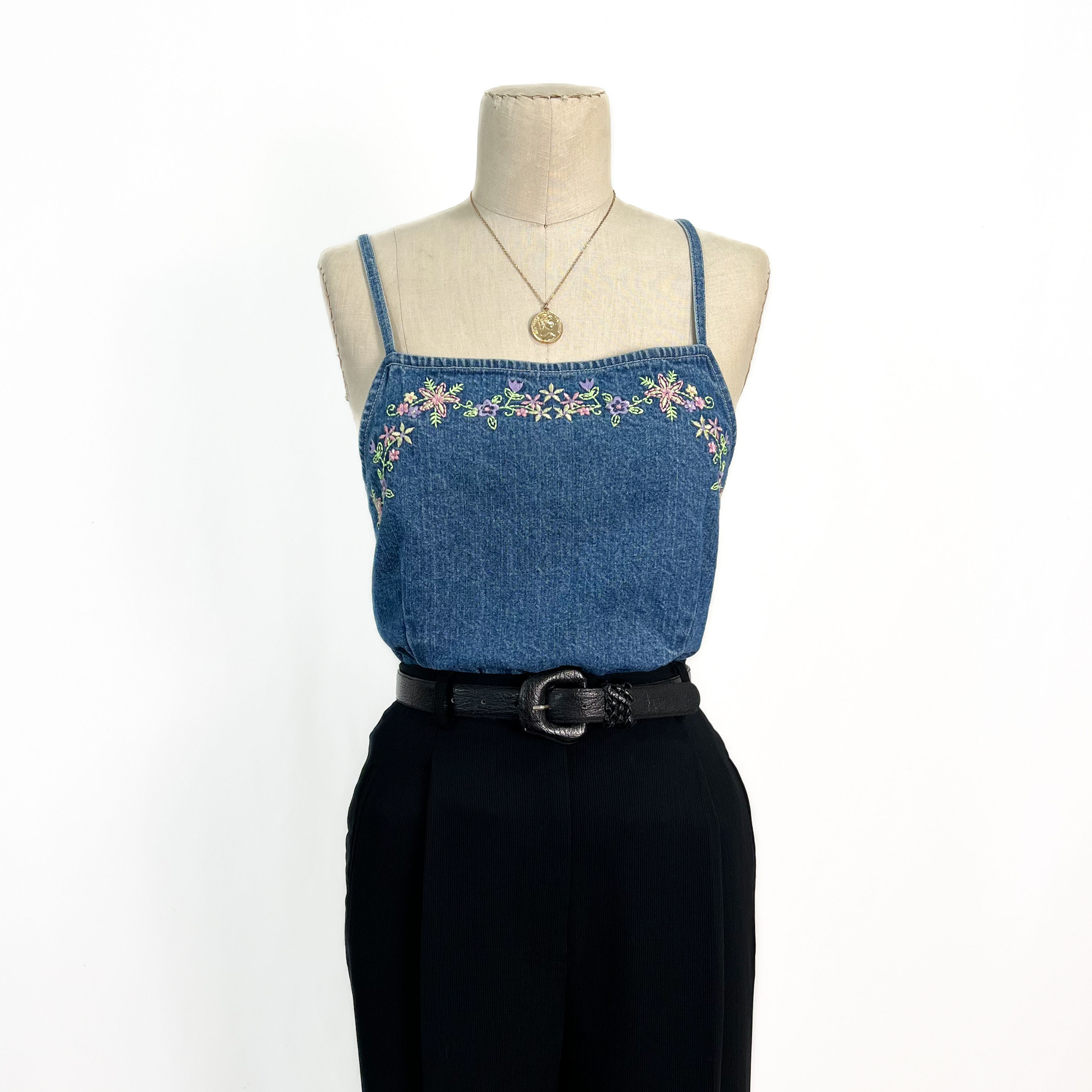 Denim Floral Embroidered Cami S-M