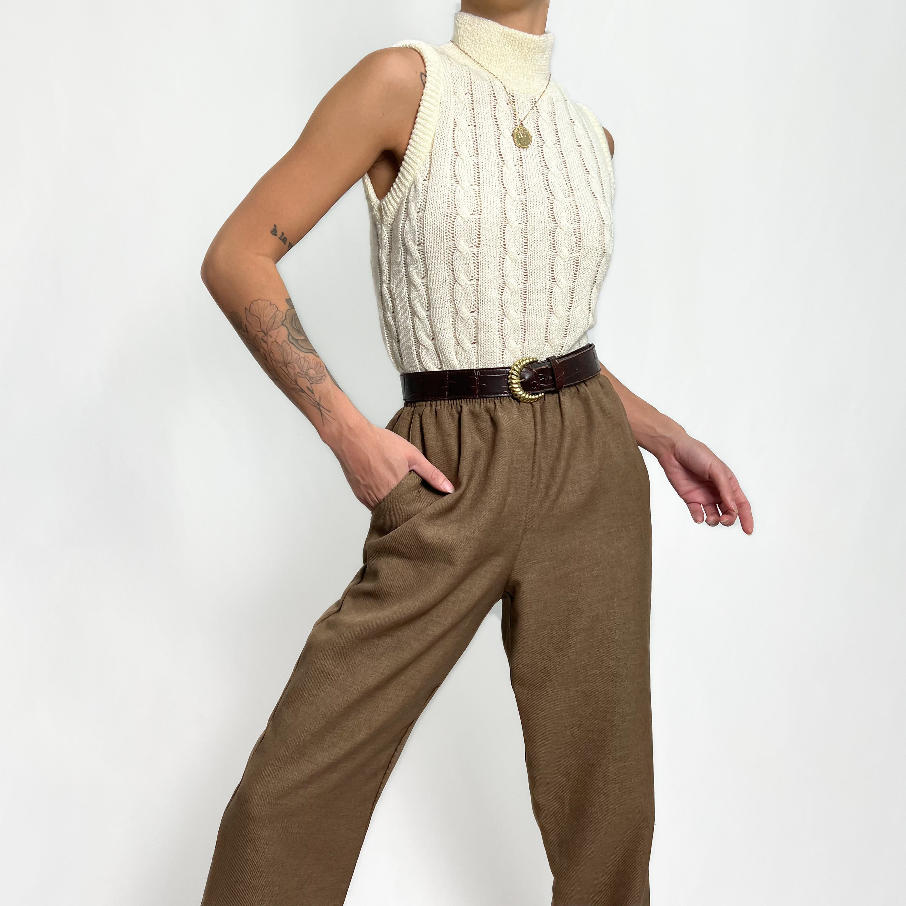 Cream Cable Knit Mock Neck Knit Tank XS-S