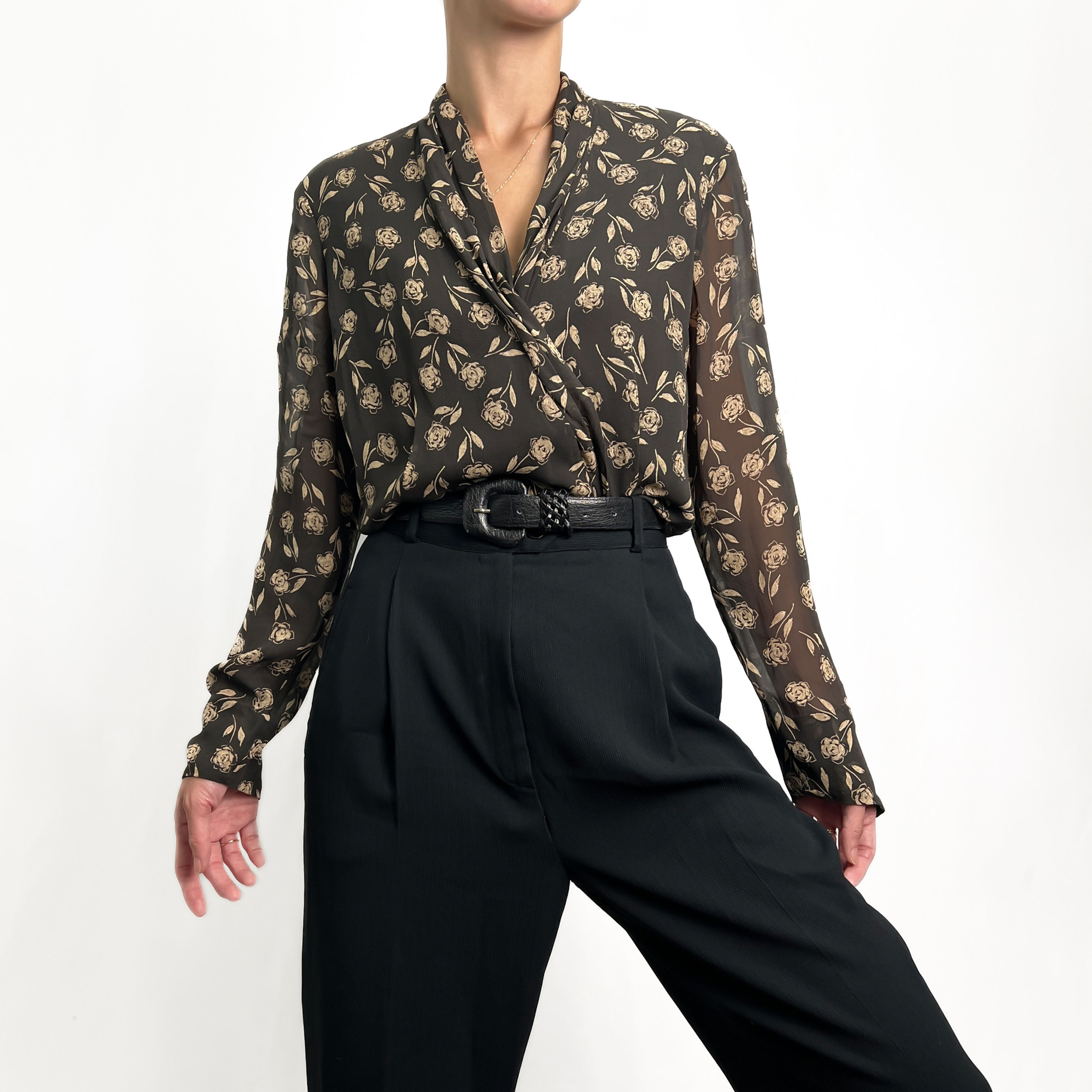 Deep Brown Floral Silk Chiffon Wrap Blouse S-M