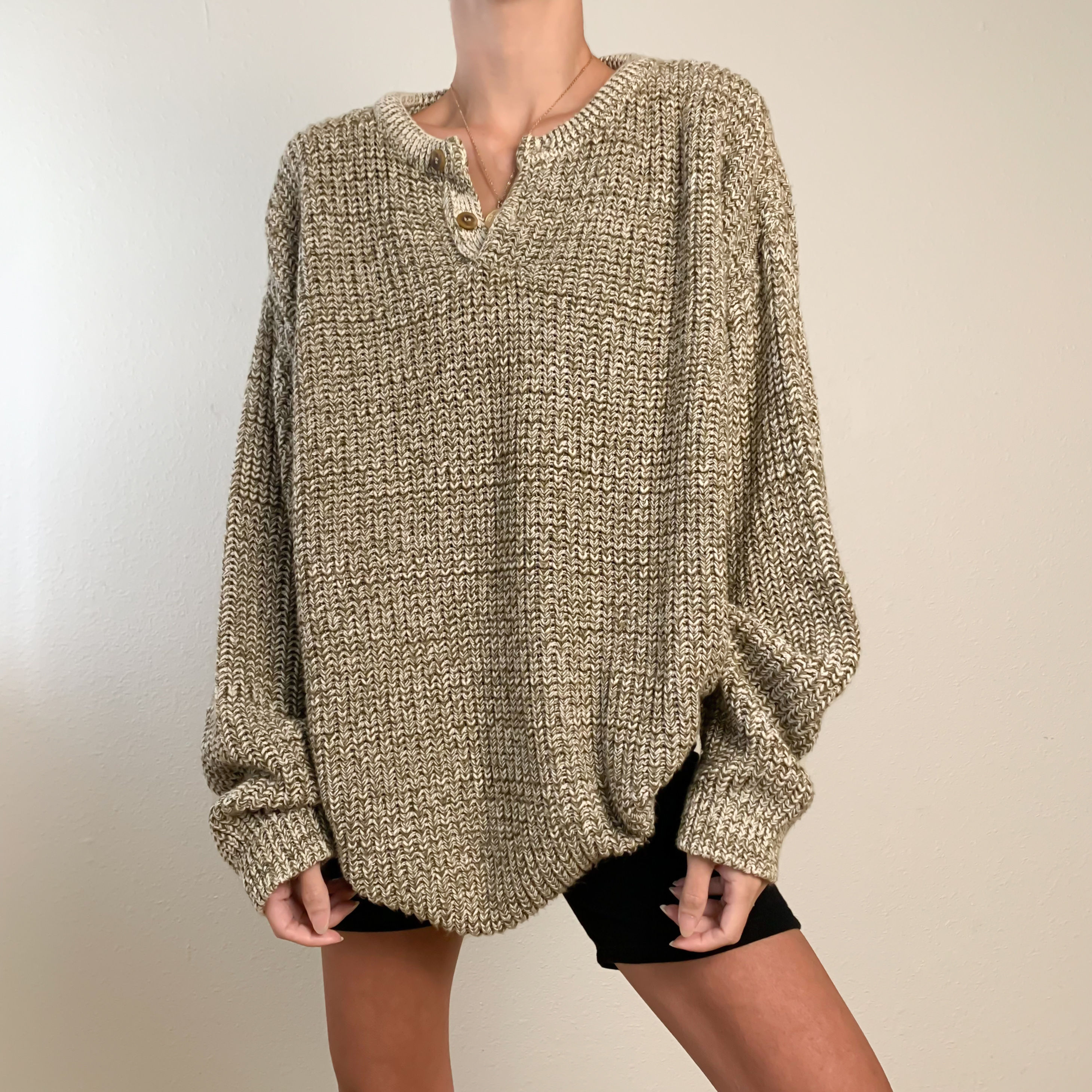 Marled Beige Knit Henley Sweater XS-L