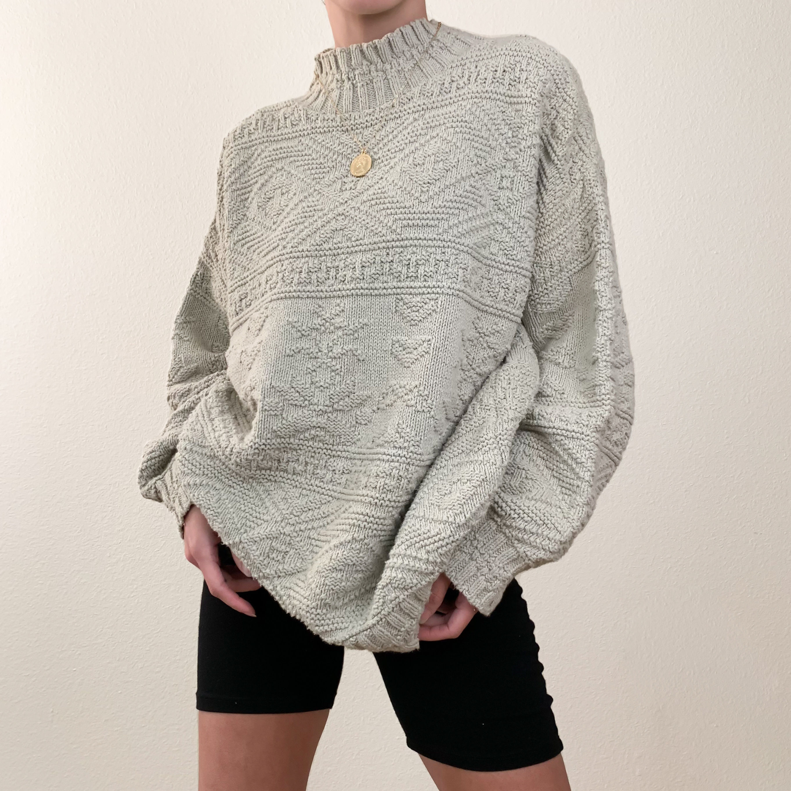 Gray Mock Neck Patterned Knit Sweater