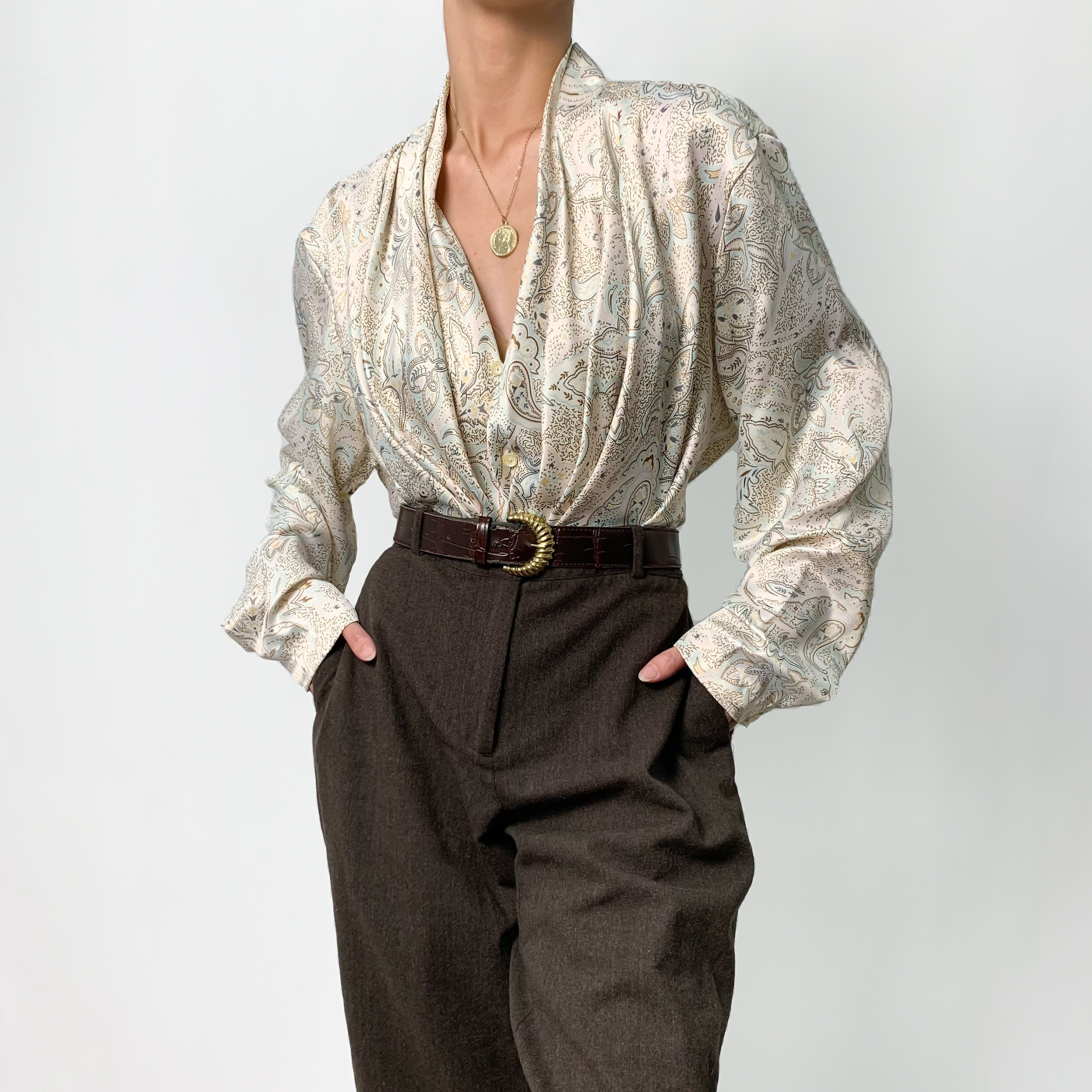 Paisley Satin Drape Neck Blouse S-L