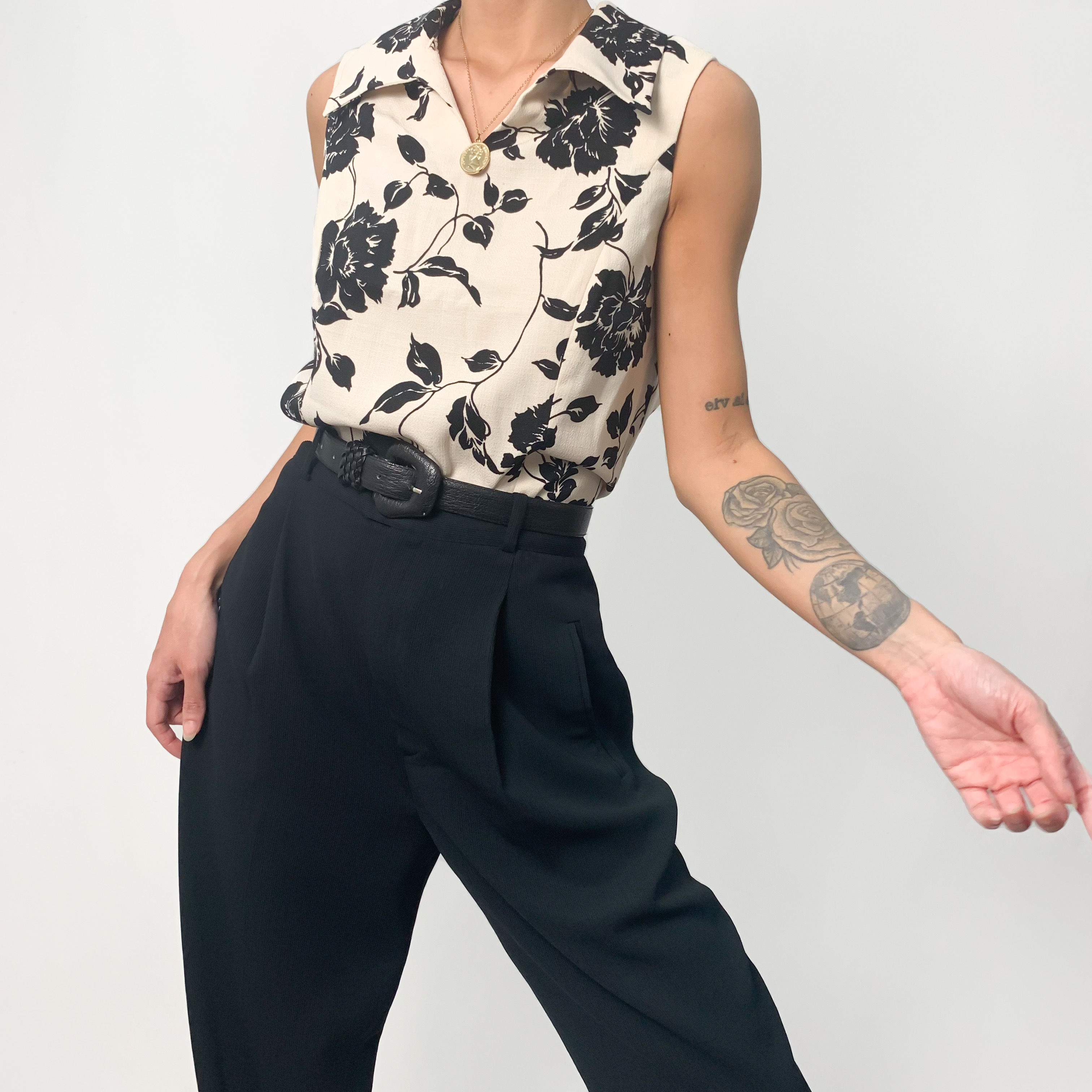 Cream & Black Floral Collared Tank S-M