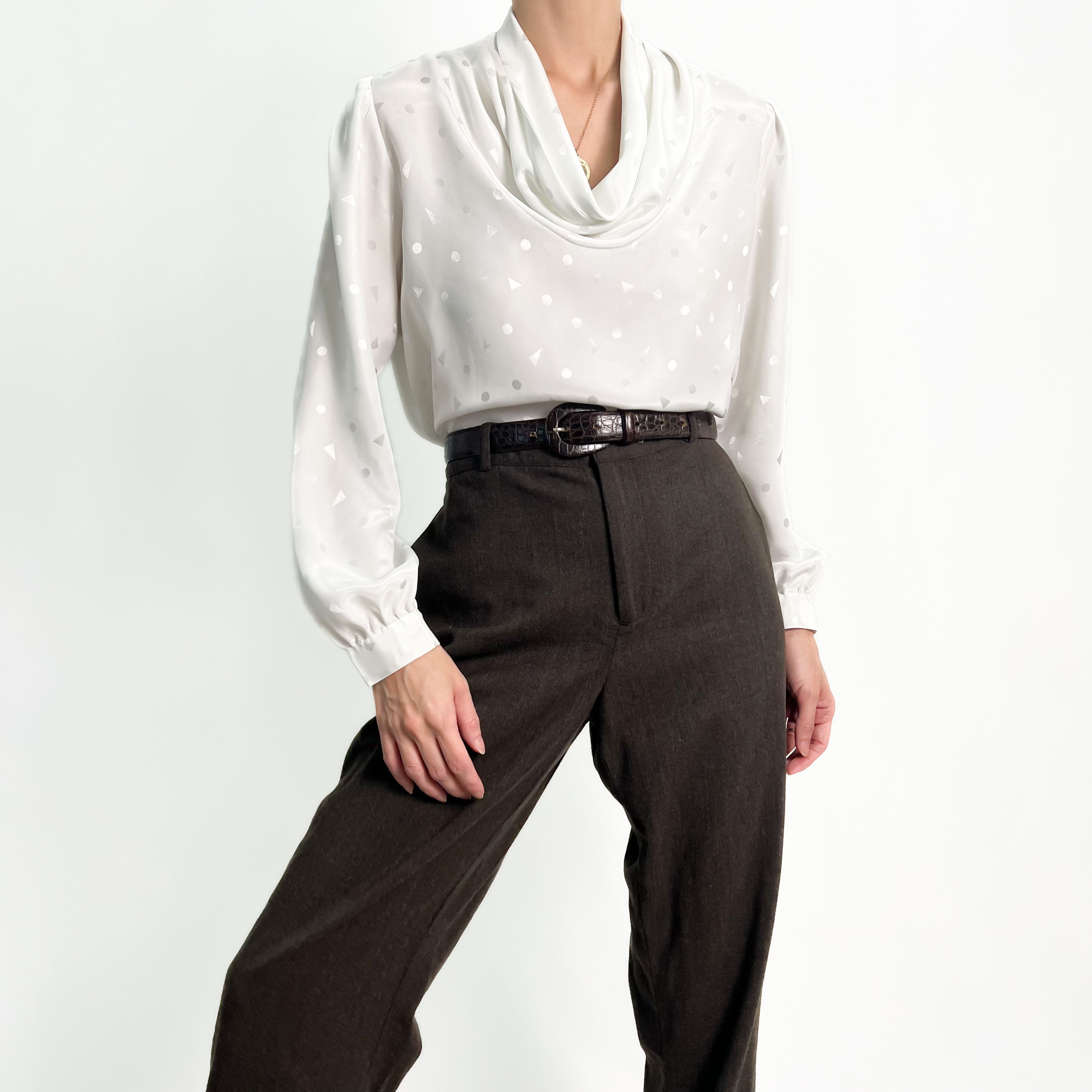 Snow Satin Drape Neck Blouse S-M