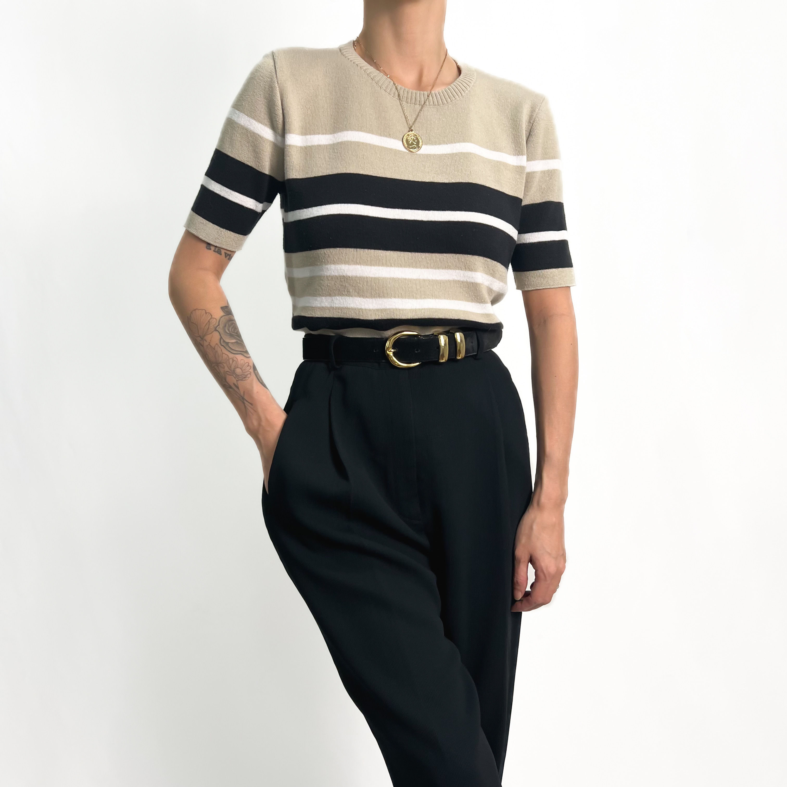 Neutral Striped Short Sleeved Knit Top XS-M