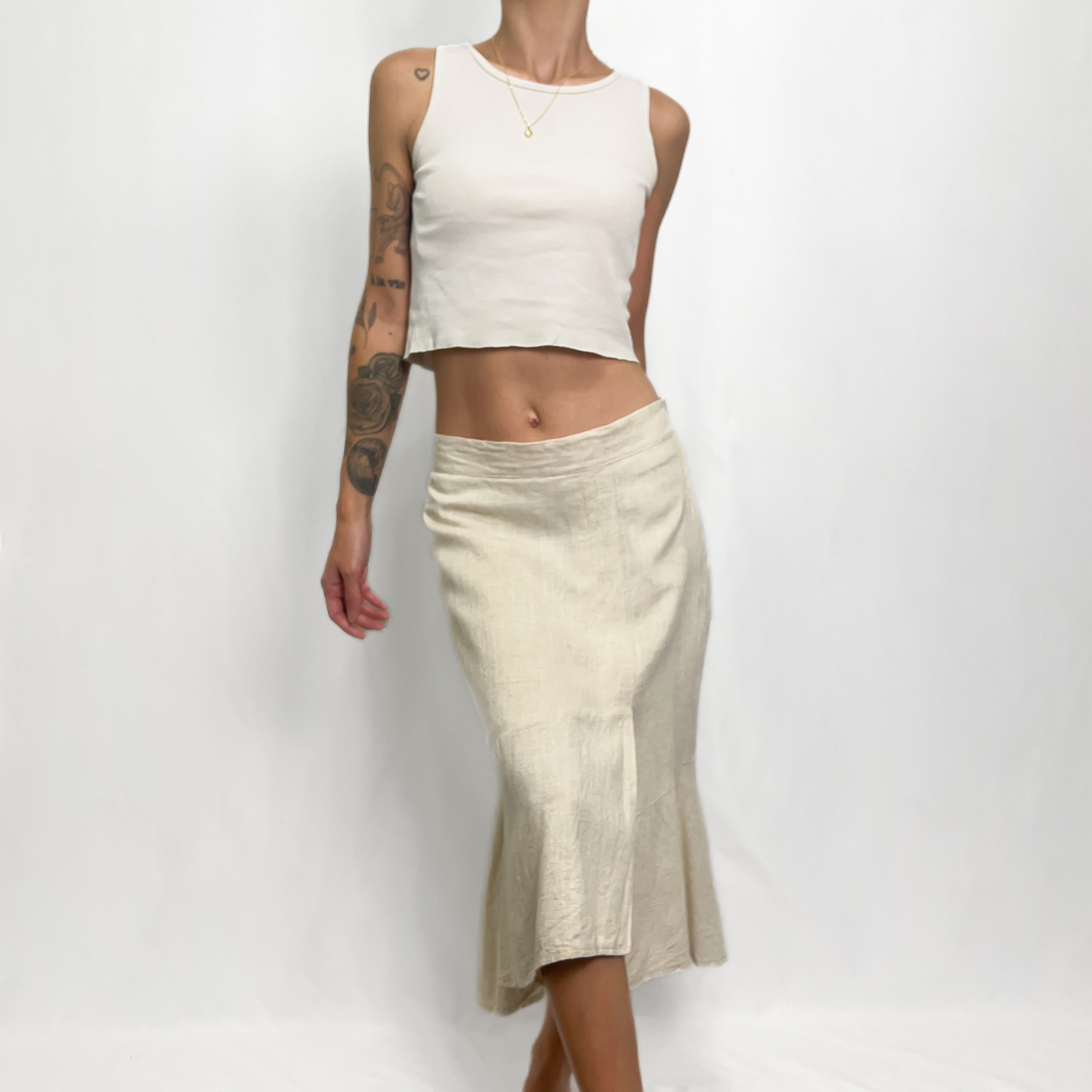 Beige Linen Asymmetrical Midi Skirt 26"-30"