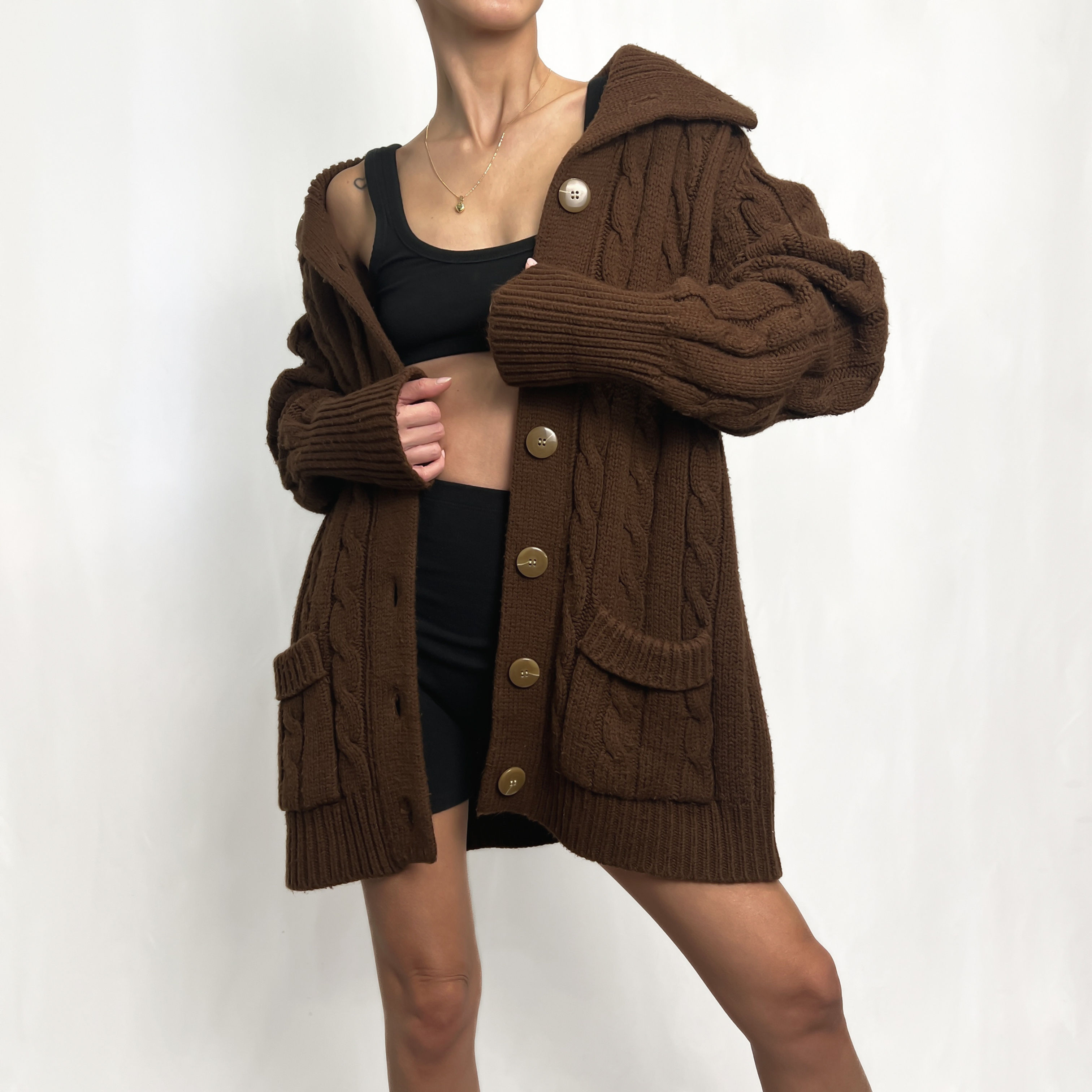 Sears Brown Longline Chunky Knit Cardigan S-L