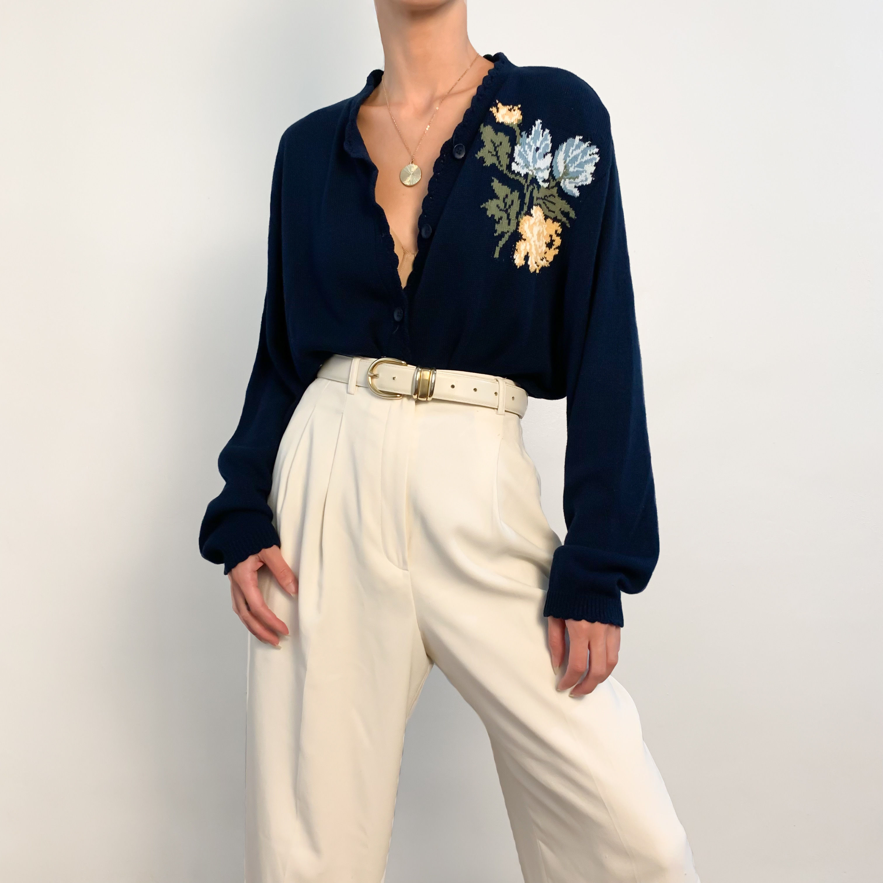 Navy Floral Embroidered Cardigan S-L