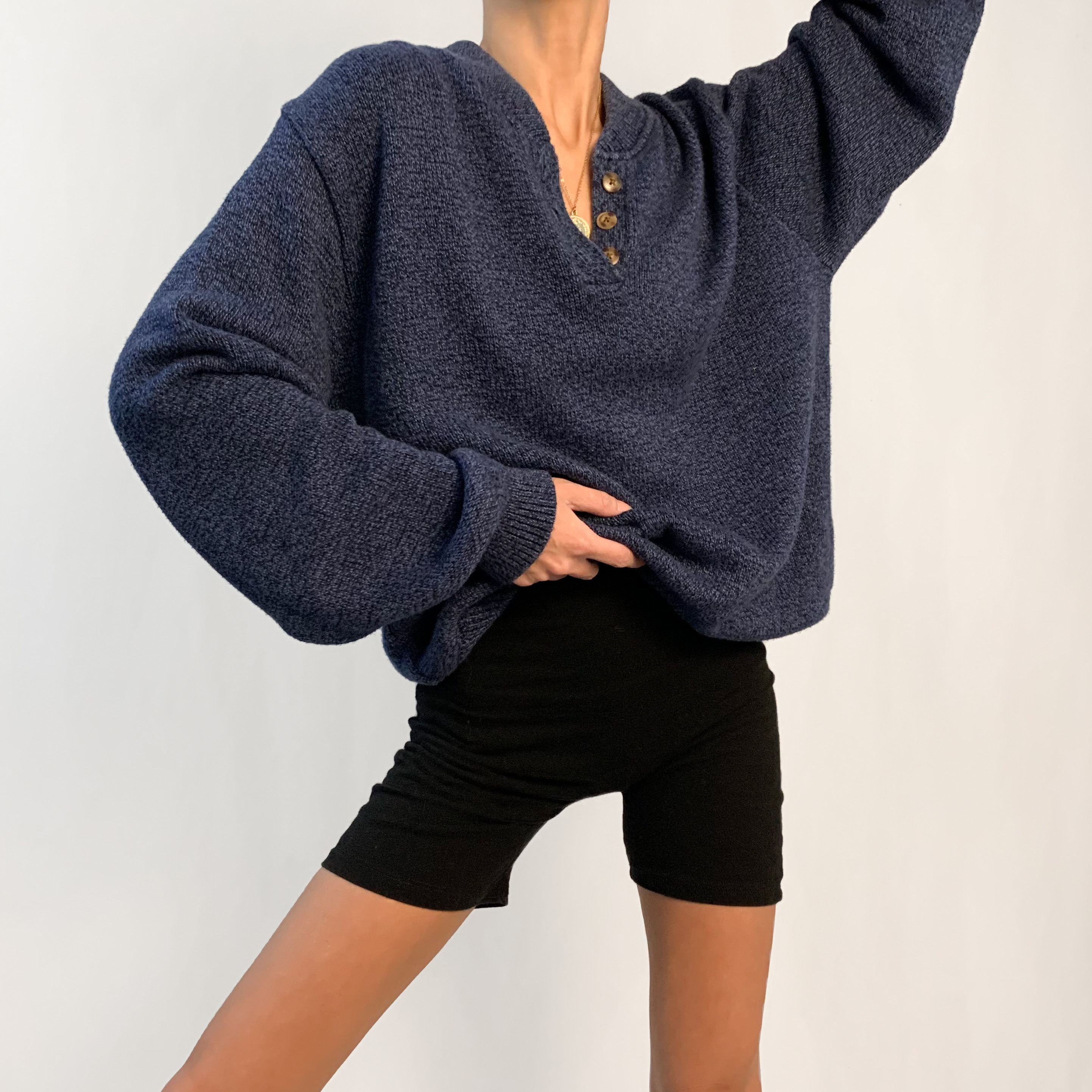 Marled Navy Knit Henley Sweater XS-L