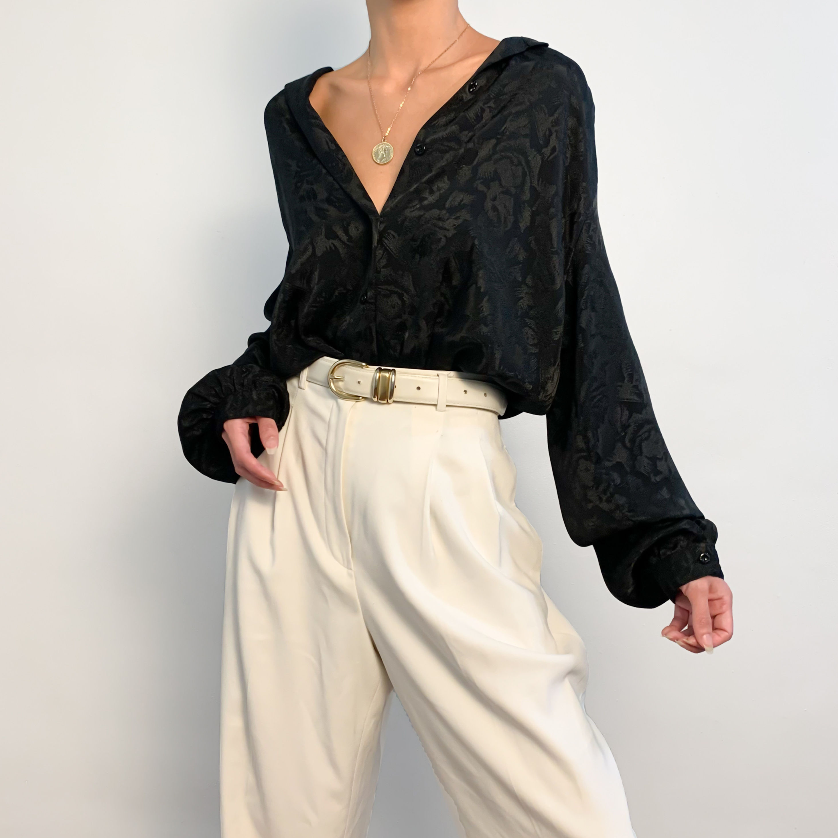 Onyx Floral Jacquard Button Up Blouse XS-L