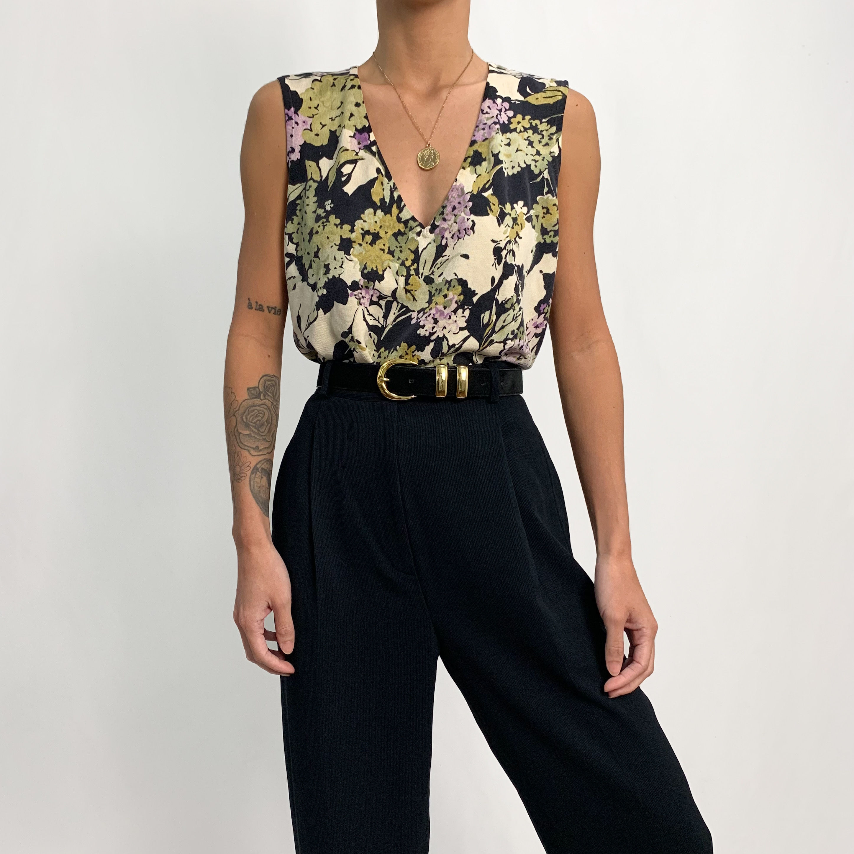 Floral V-Neck Silk Blend Sleeveless Top S-M