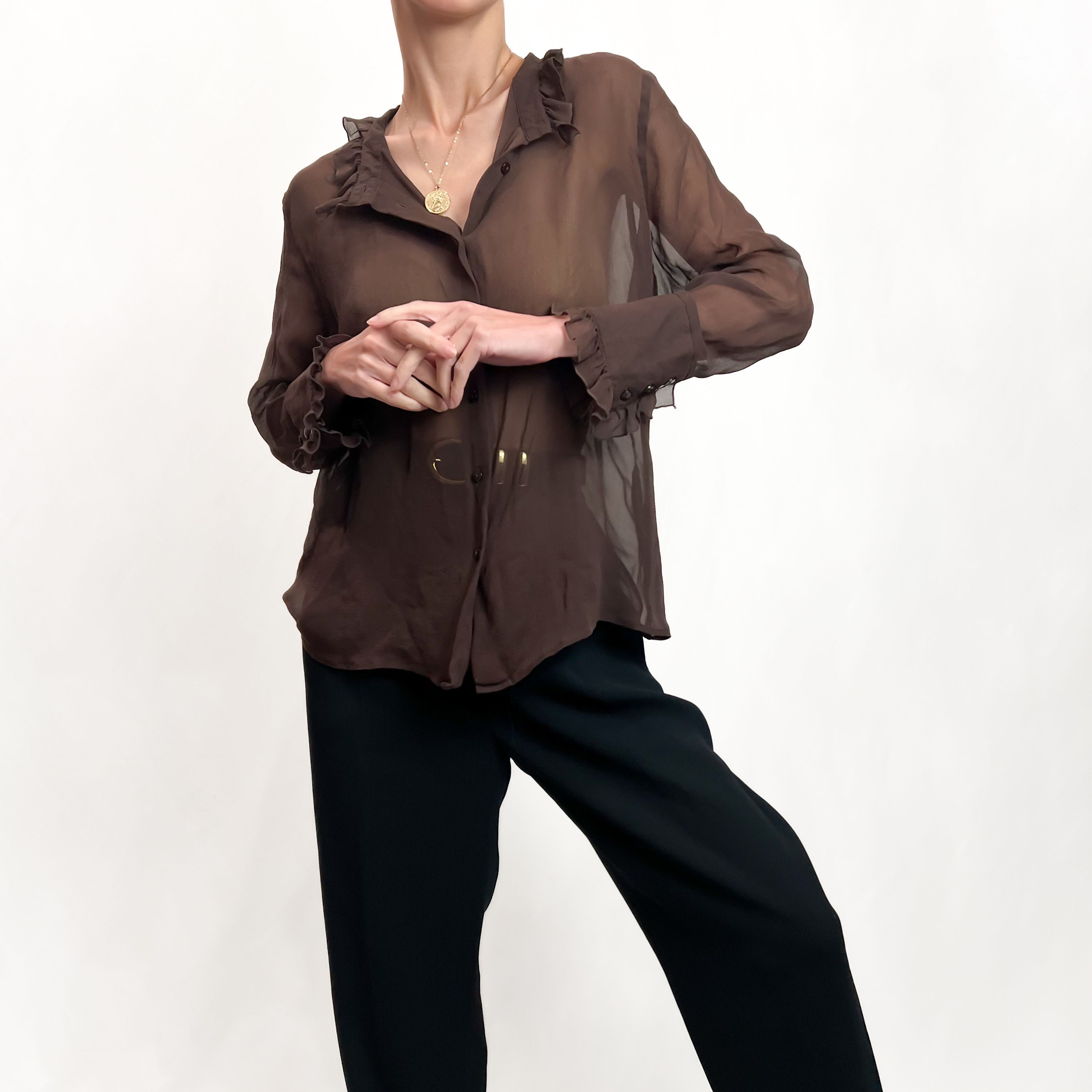 Deep Brown Sheer Silk  Ruffled Blouse S-XL