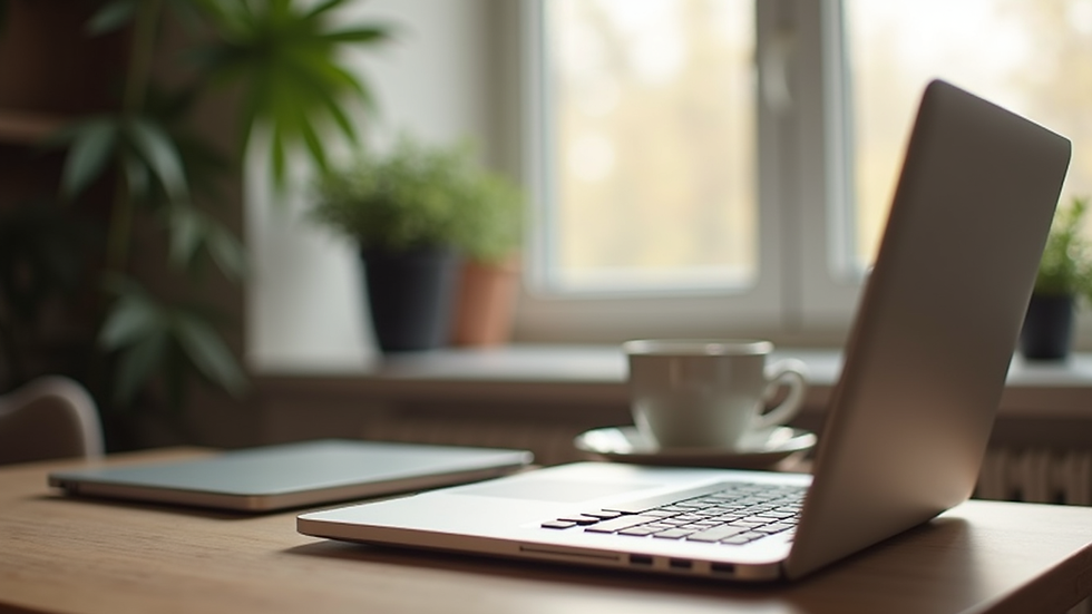 Eye-level view of a cozy home workspace with a laptop and a cup of tea