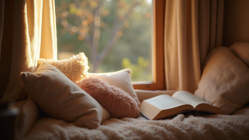 Eye-level view of a cozy reading nook with soft cushions and warm lighting