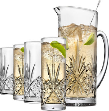 et - Mixing Pitcher Carafe, Stirrer and 4 Collins Tall Drinking Glasses - Dublin Collection