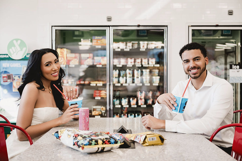 Stylish couple posing at a local 7 Eleven for a fun engagement session inspired by their 7/11 wedding date.
