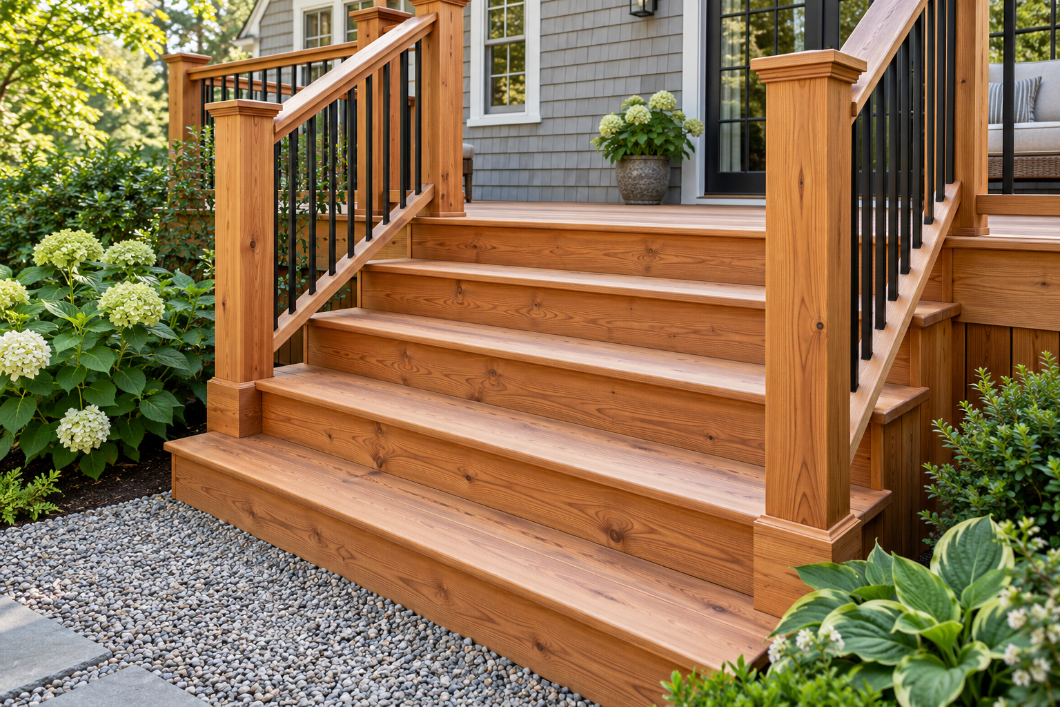 Cedar deck steps with detailed wood carpentry and railings