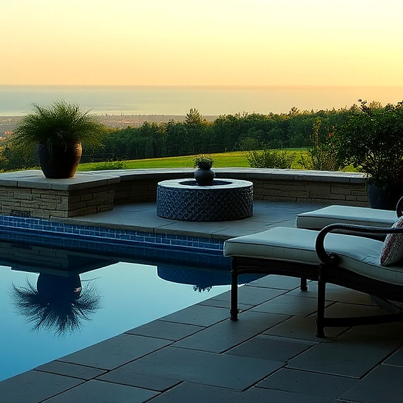 Patio with pool, fire pit, and landscape view at sunset