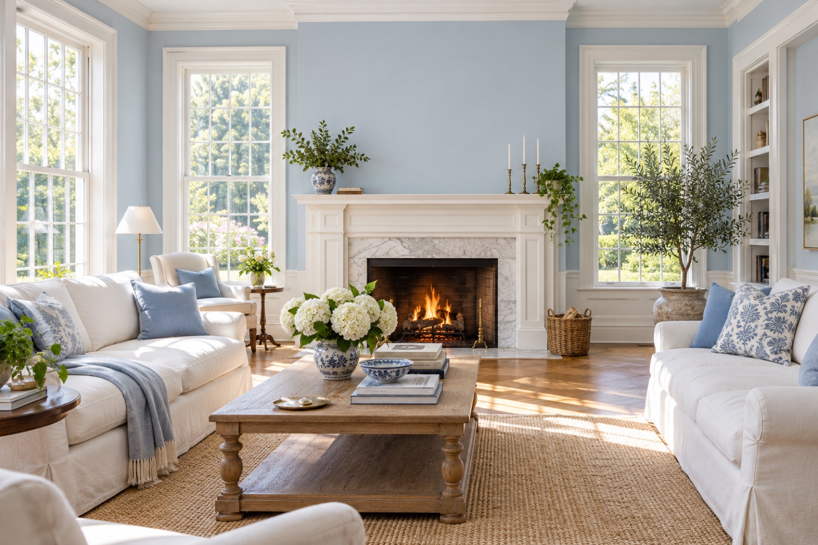 Bright pale blue Connecticut living room with crisp white trim and an elegant fireplace