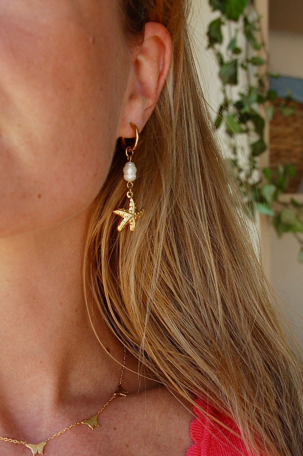 Miniature : Boucles d'oreilles percées en acier inoxydable et perle de culture, étoile de mer, ne rouille pas, pas chères, originales