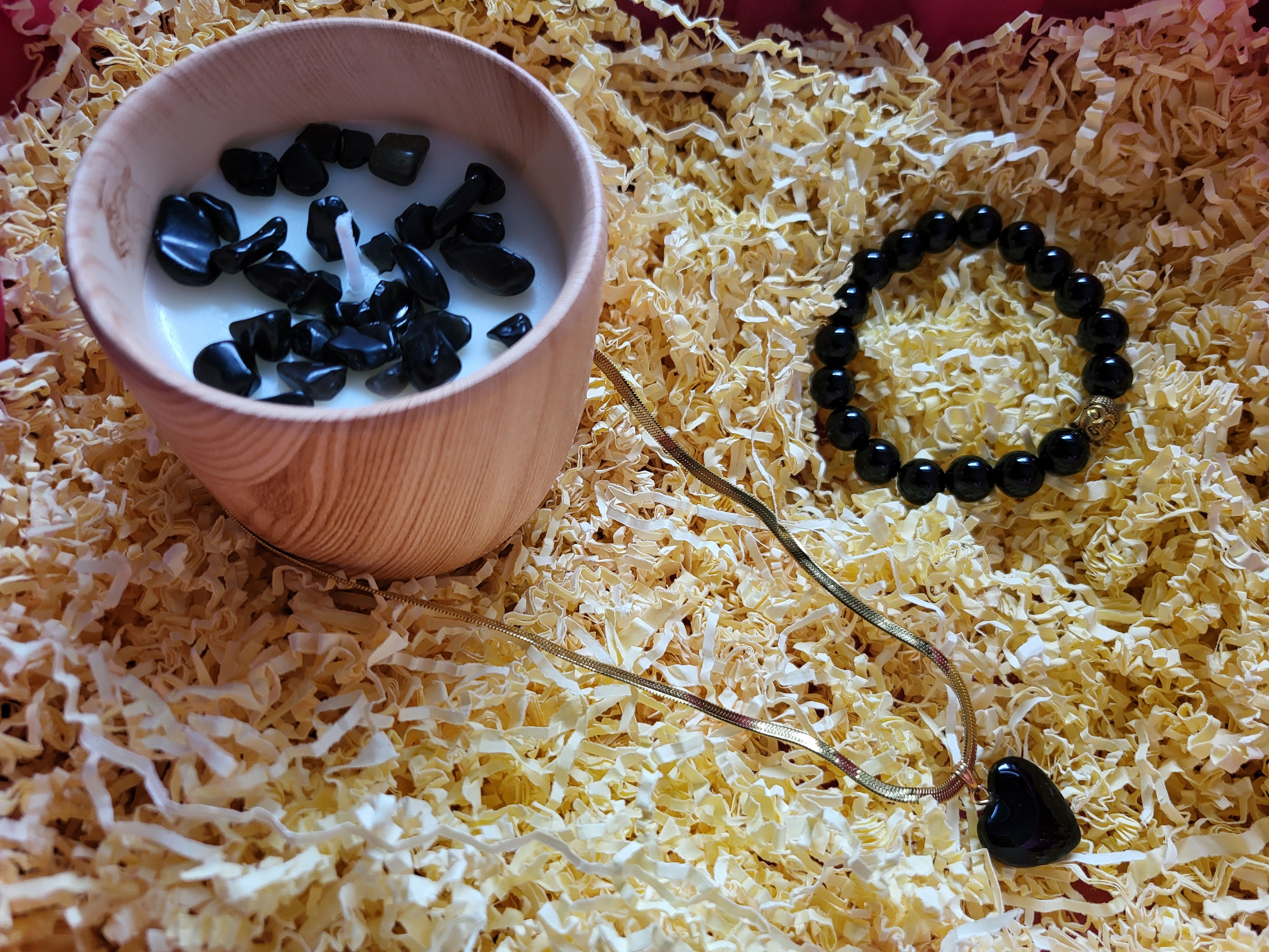 Coffret bien-être Obsidienne noire – Bracelet pierre naturelle, collier cœur 