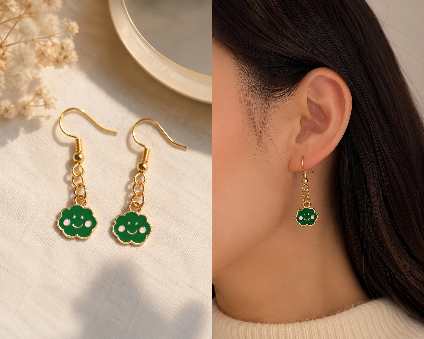 Boucles d'Oreilles Pendantes Nuage Souriant Vert Émeraude