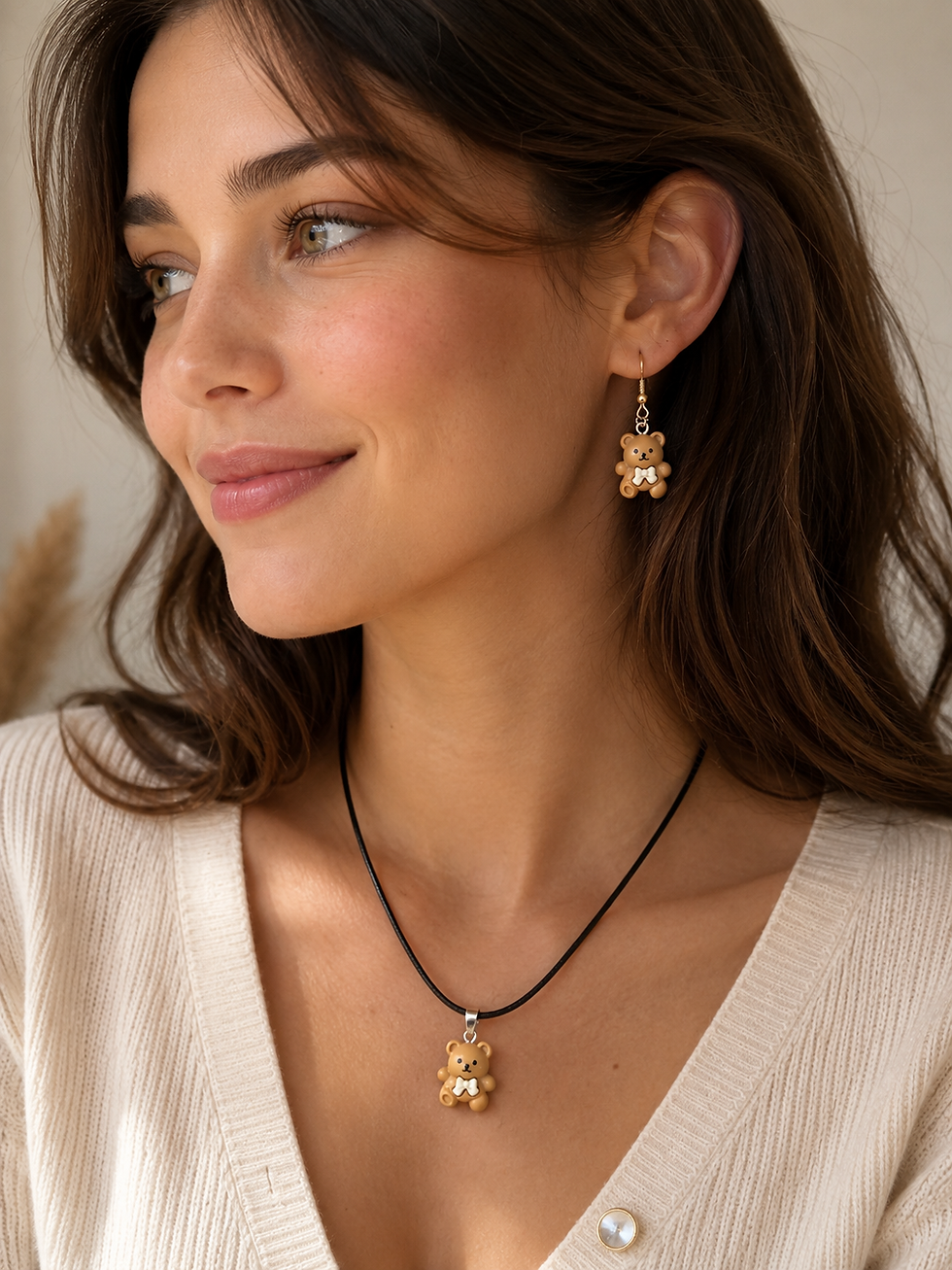 Miniature : 🐻 Ensemble Collier & Boucles d'Oreilles Ourson – Beige ou Marron au Choix