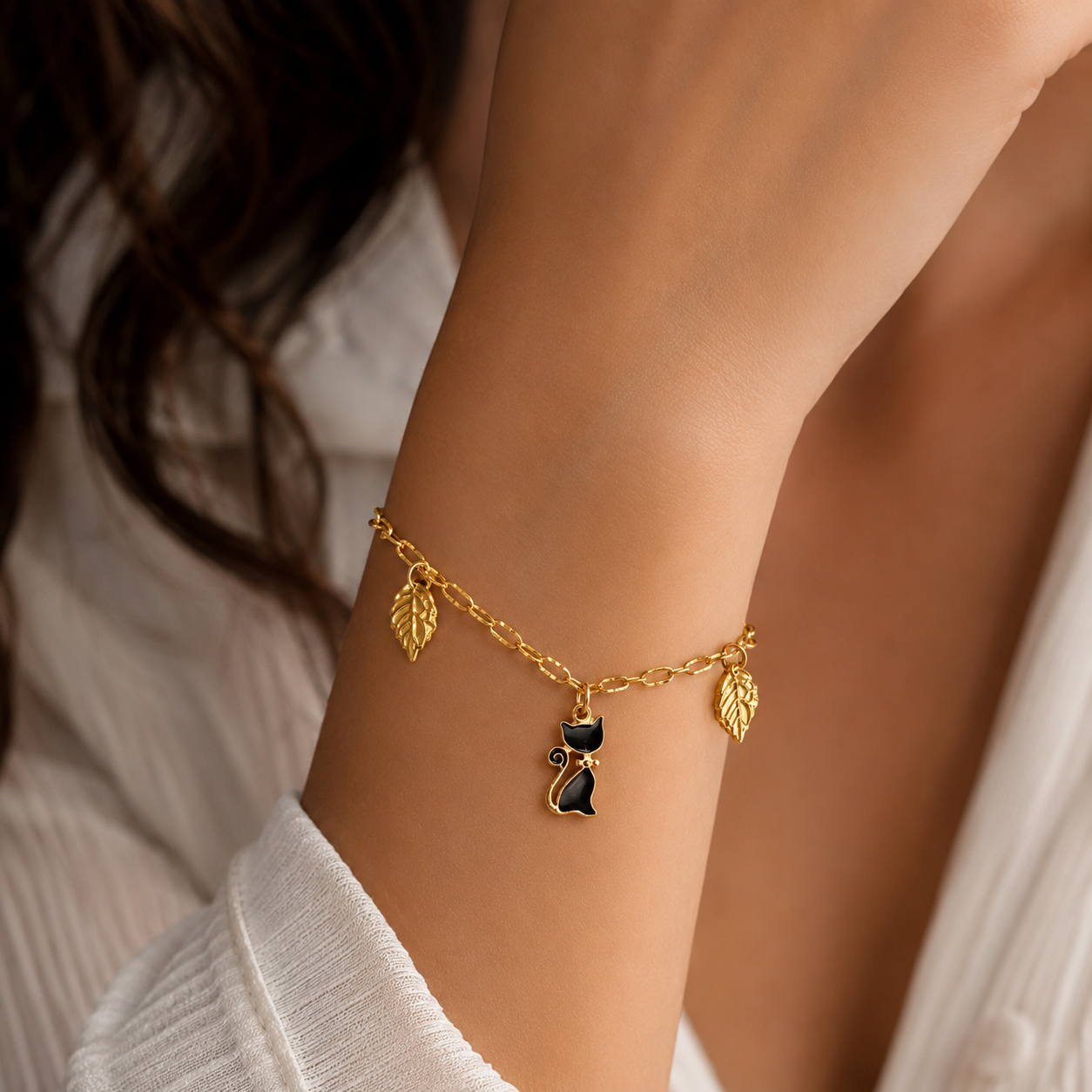 🐈 Bracelet Chat Noir & Feuilles Dorées