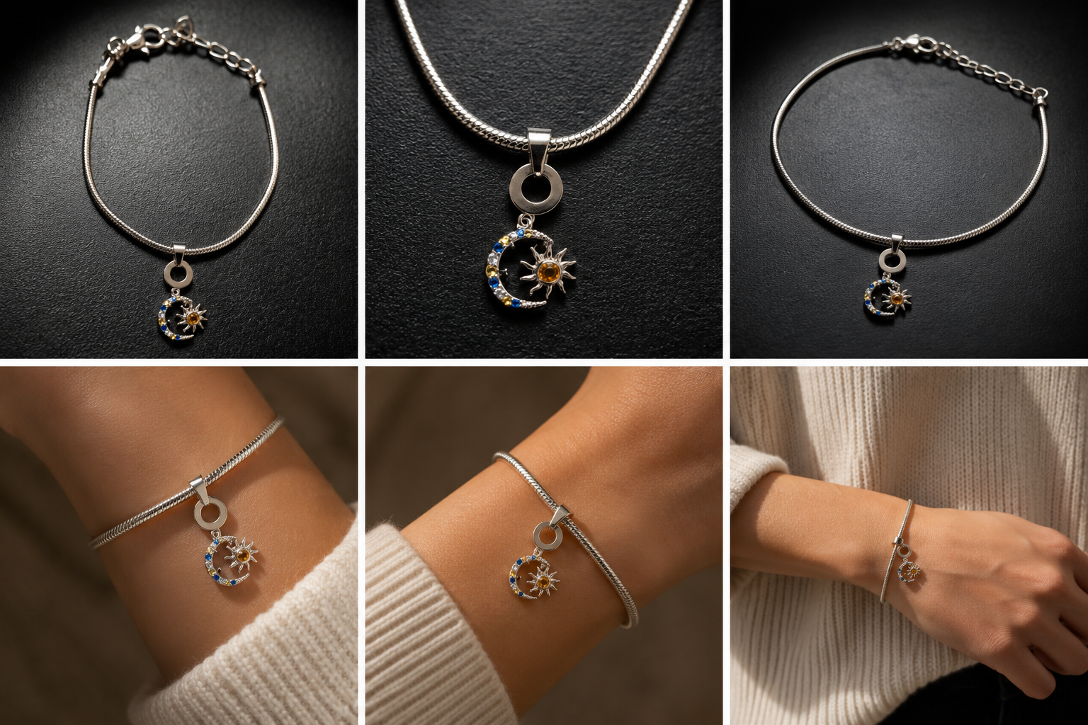 Bracelet Argenté avec Charm Soleil & Lune en plaqué argent 925