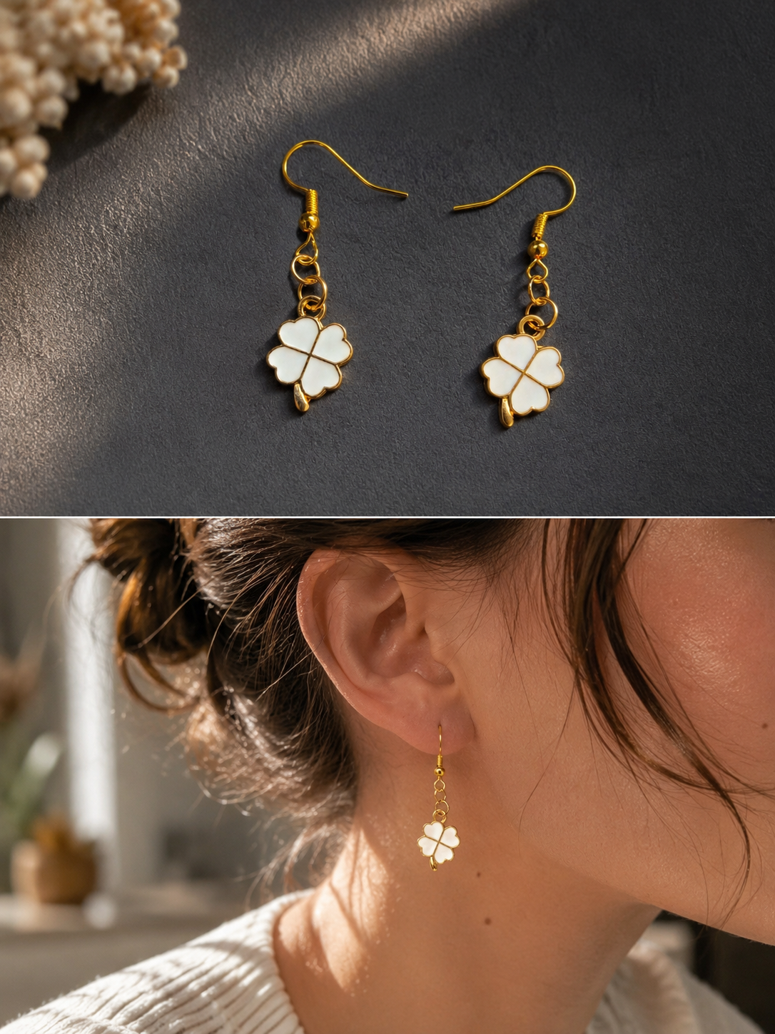 Boucles d'oreilles Trèfle Blanc