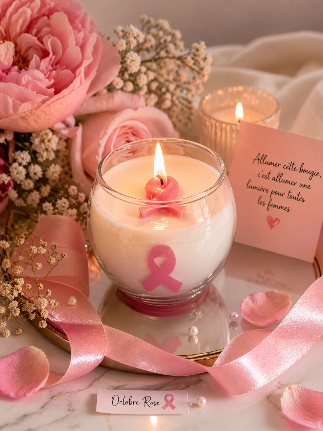 🎀 Bougie Ruban Rose Parfum Mimosa – Cancer du Sein | Bougie Artisanale Octobre