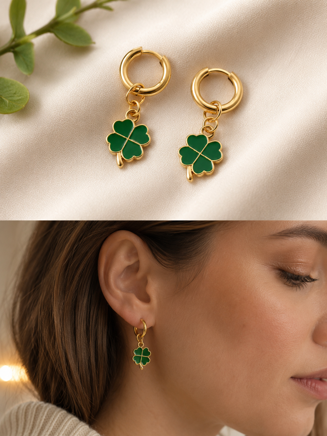 Boucles d'Oreilles Créoles Trèfle Vert Porte-Bonheur