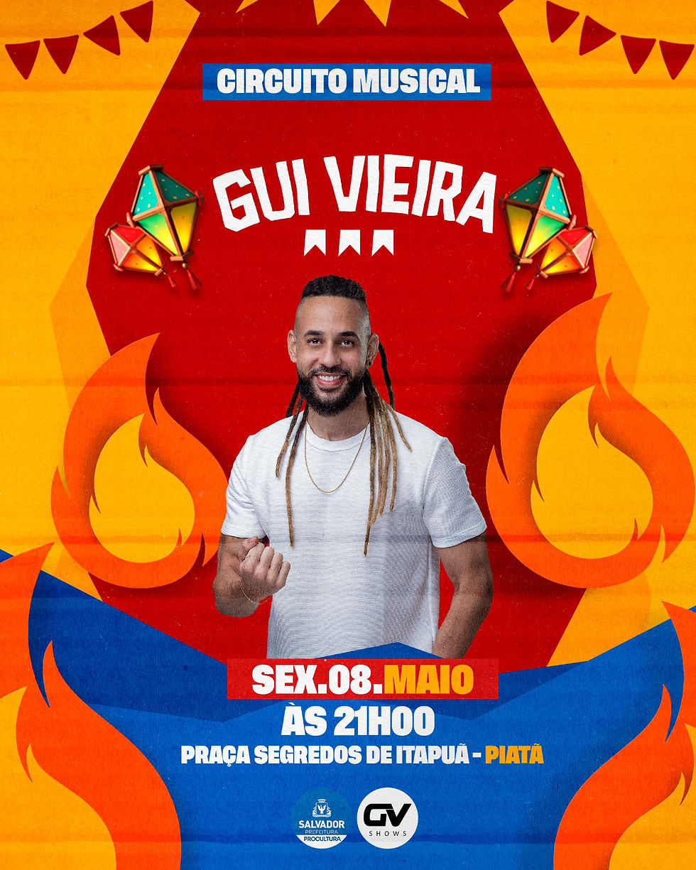 Gui Vieira se apresenta amanhã (8 de maio) em Salvador no “Circuito Musical 2026” na Praça Segredos de Itapuã
