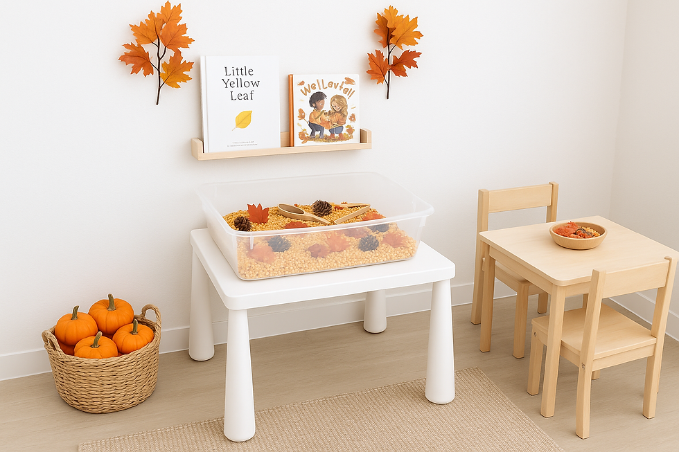 Preschool playroom setup with autumn sensory bin.