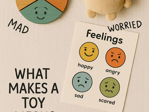 A flat lay of early childhood MESH toys arranged on a neutral linen background. Includes a plush toy with a happy face, a wooden emotion wheel, a colorful feelings chart, and cooperative game pieces. The scene is softly lit with natural light, evoking a warm, calming atmosphere. Educational and emotionally supportive toys for toddlers and preschoolers.